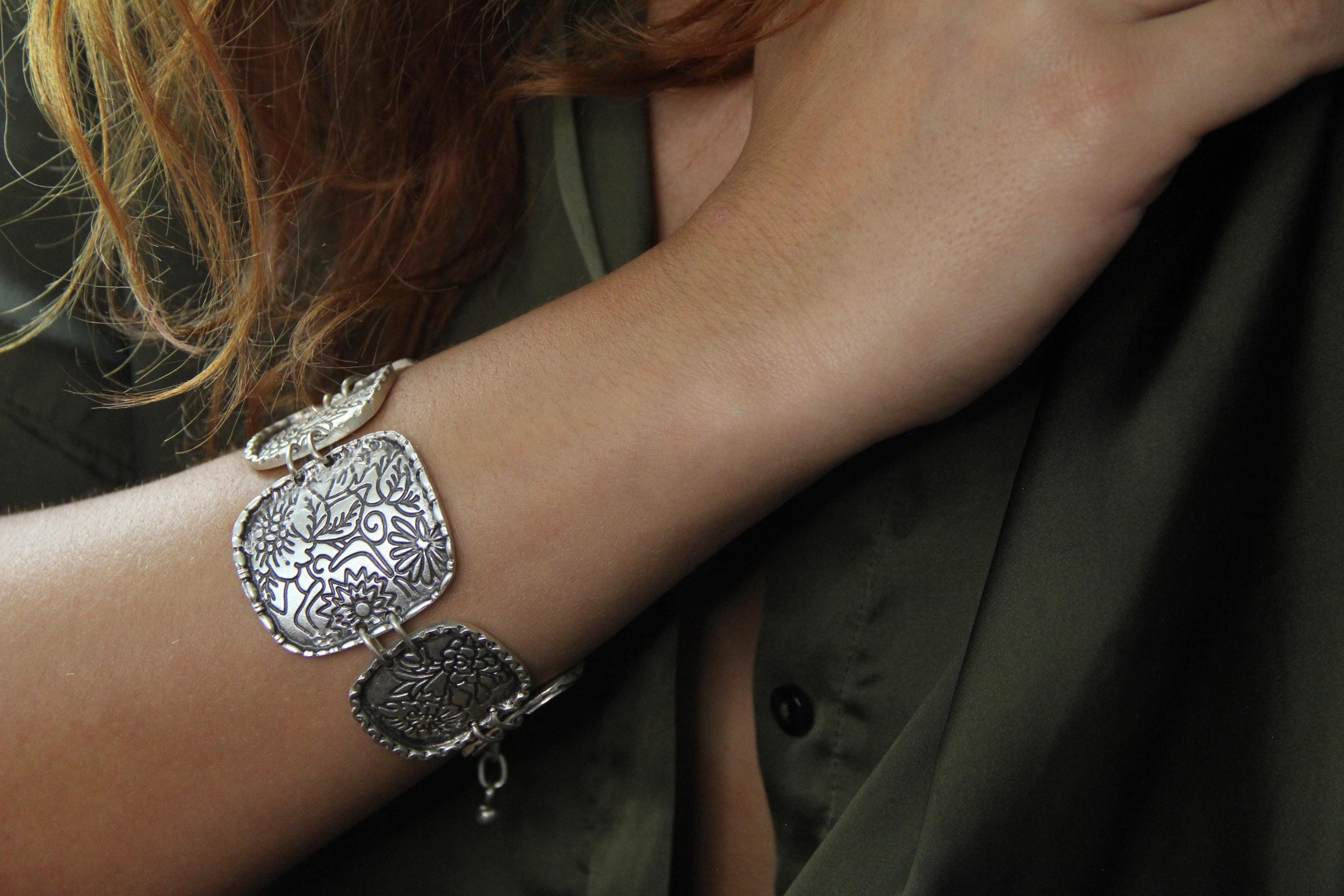 Engraved Large Silver Bohemian Bracelet