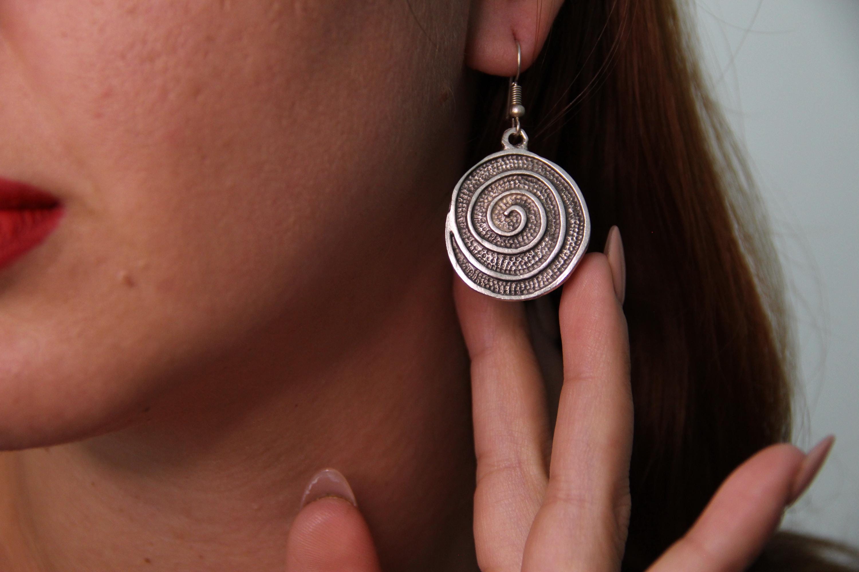 Handmade Large Round Silver Dangle Earrings