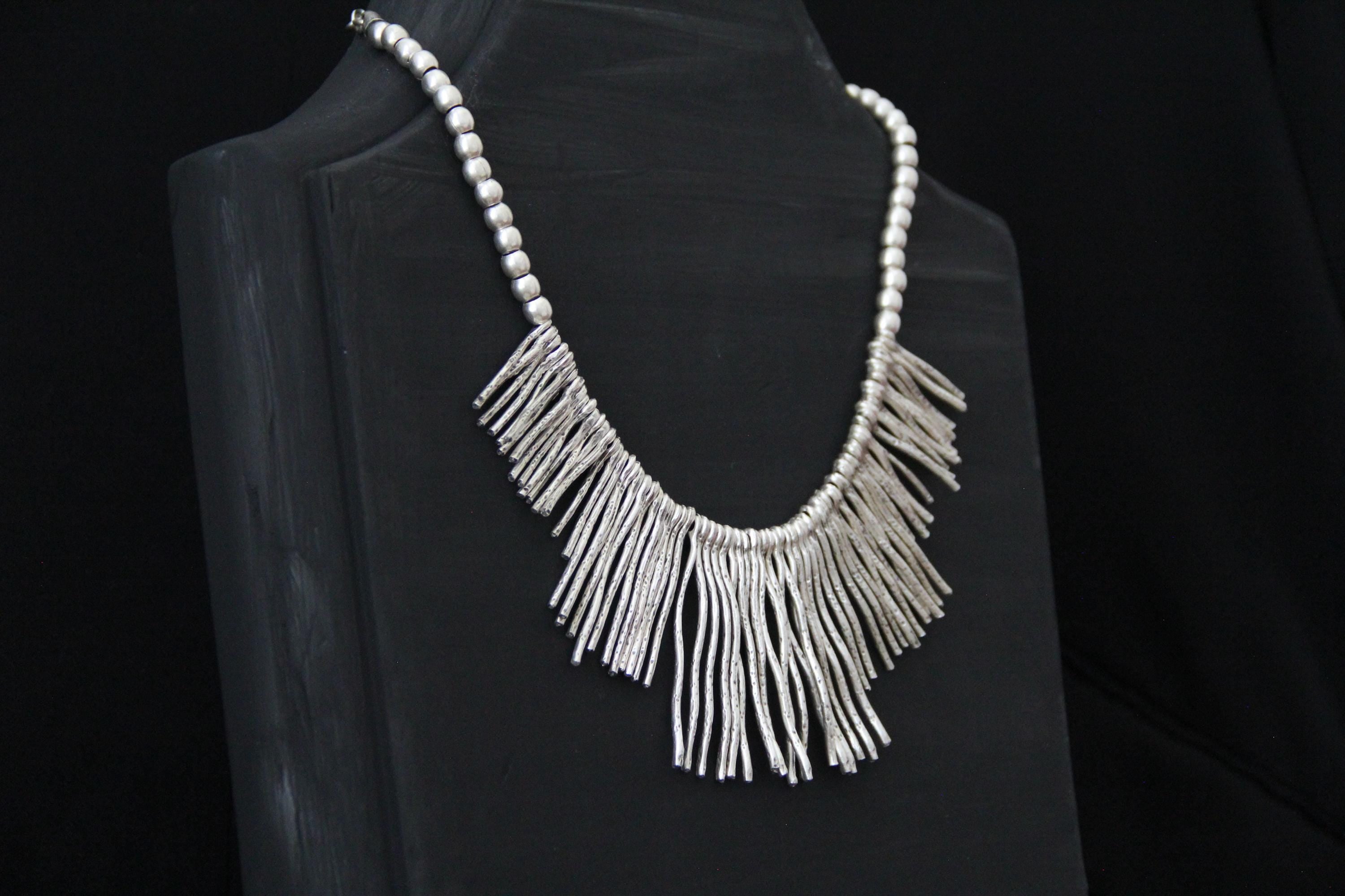 Silver Spiked Statement Necklace – Unique Chic Design with Silver Beaded Collar, Bold Fashion Jewelry