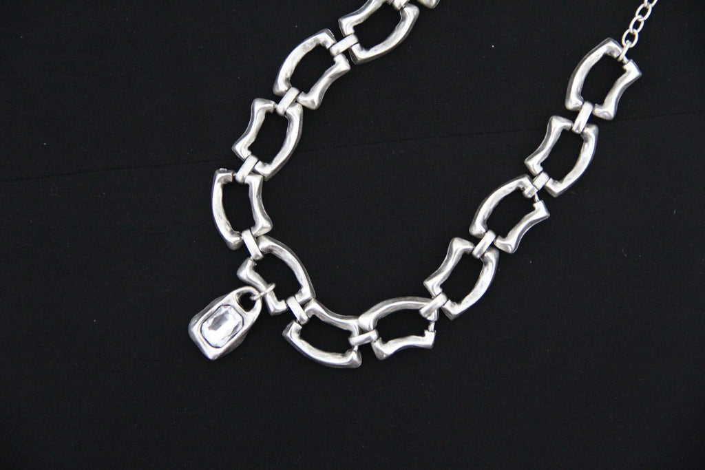 Large Silver Chain Statement Necklace with Large Stone