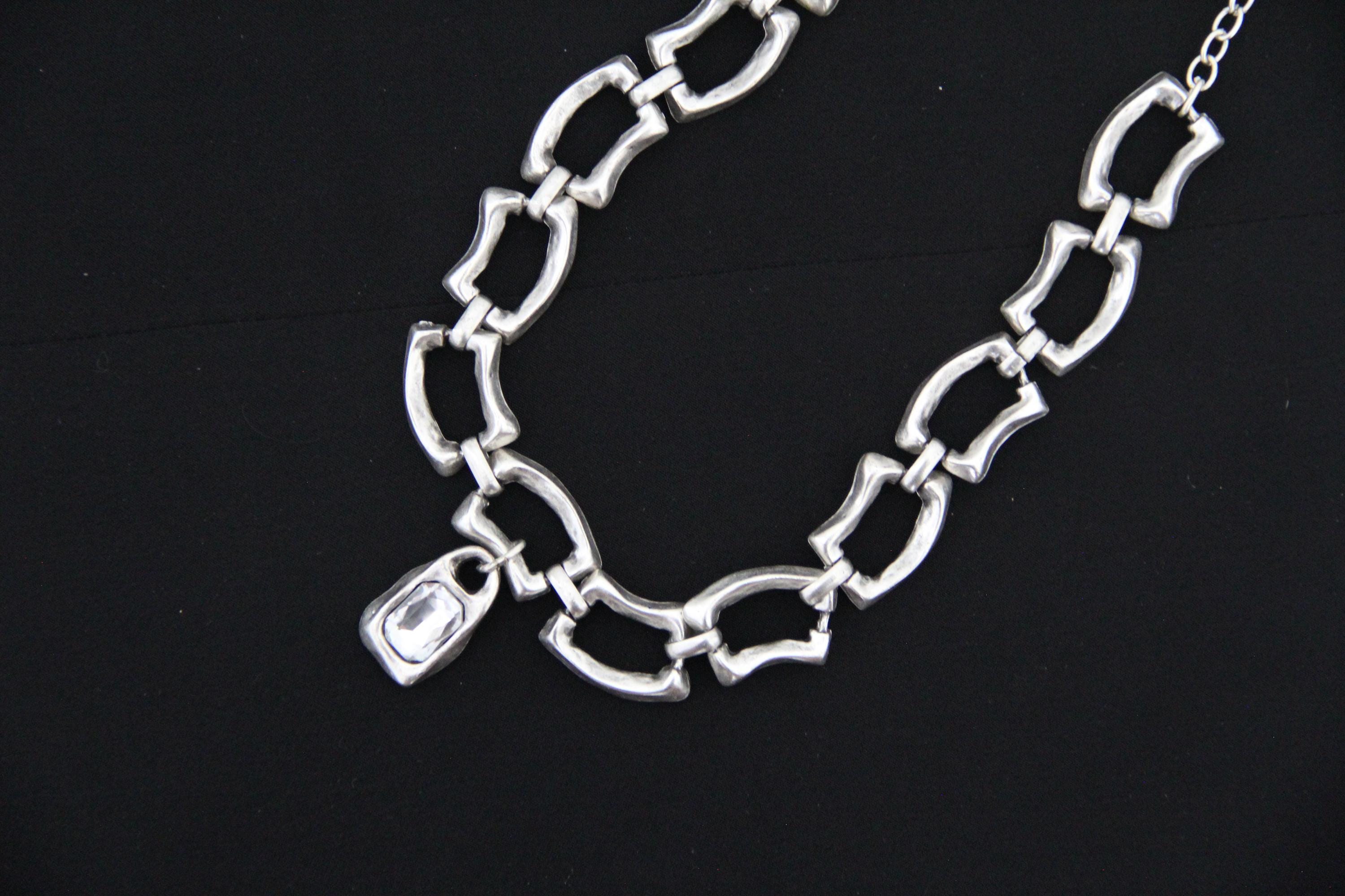 Large Silver Chain Statement Necklace with Large Stone