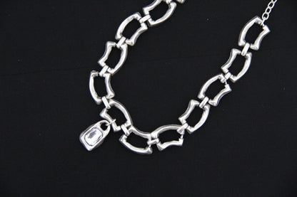 Large Silver Chain Statement Necklace with Large Stone