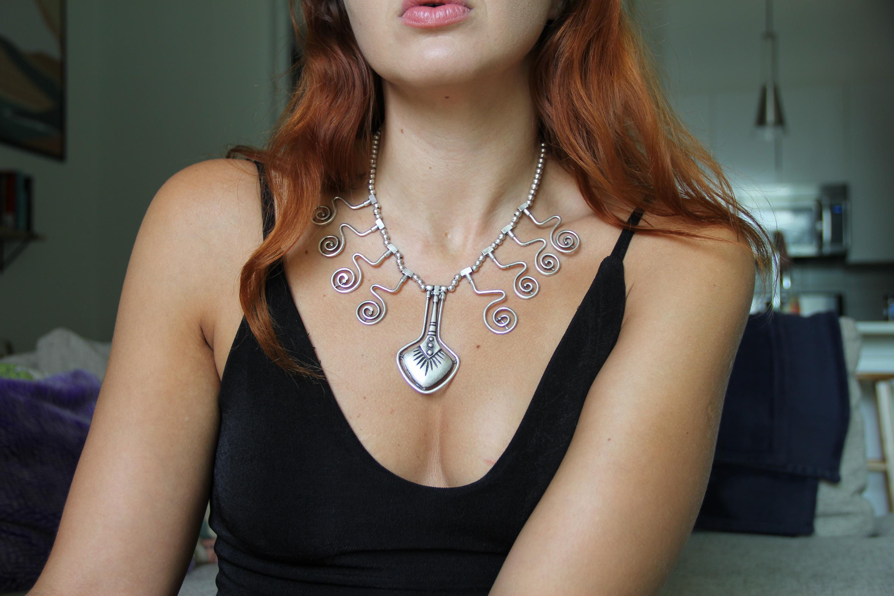 Chunky Silver Beaded Chain Necklace – Boho Ethnic Style Statement Jewelry for Women or Unisex