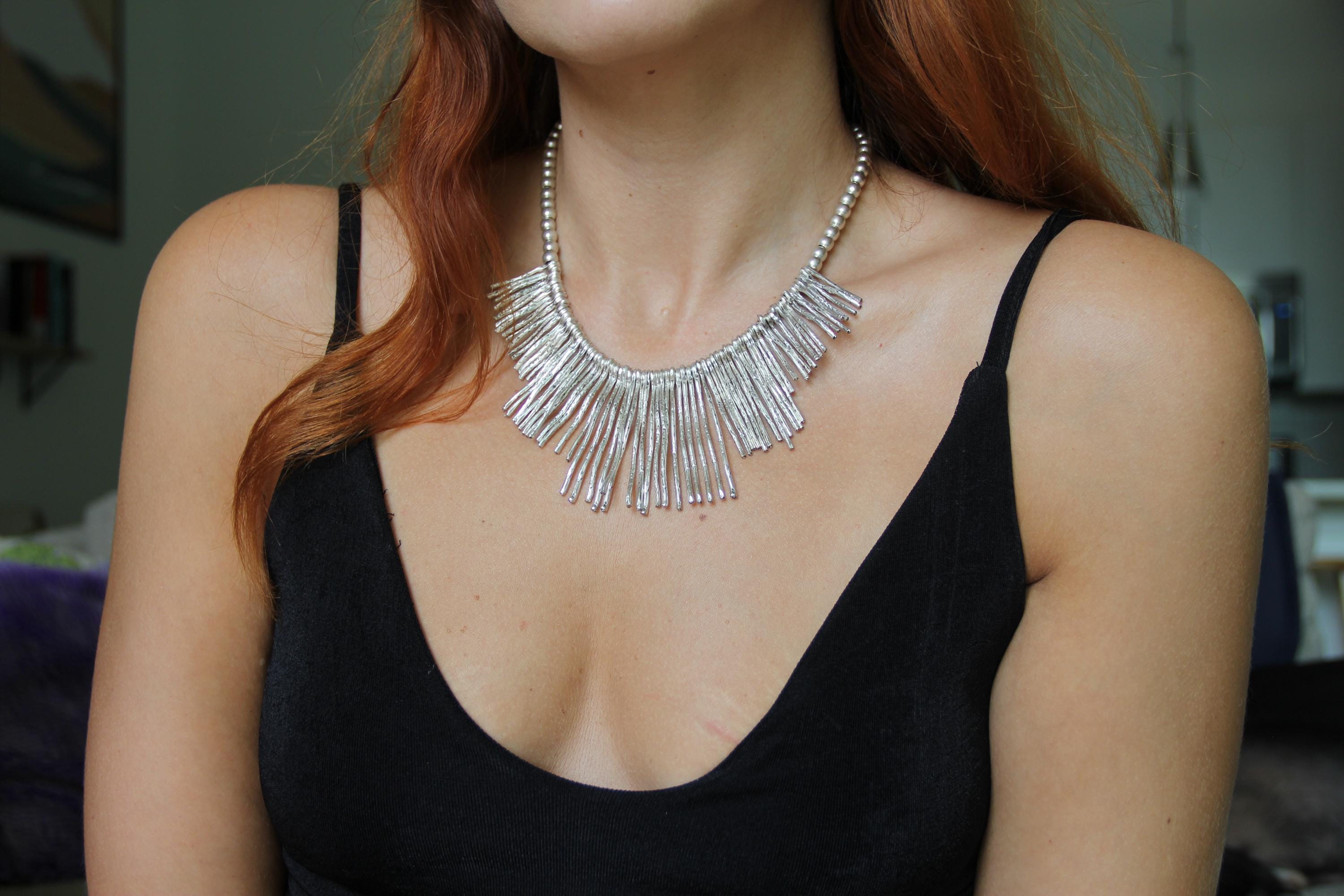 Silver Spiked Statement Necklace – Unique Chic Design with Silver Beaded Collar, Bold Fashion Jewelry
