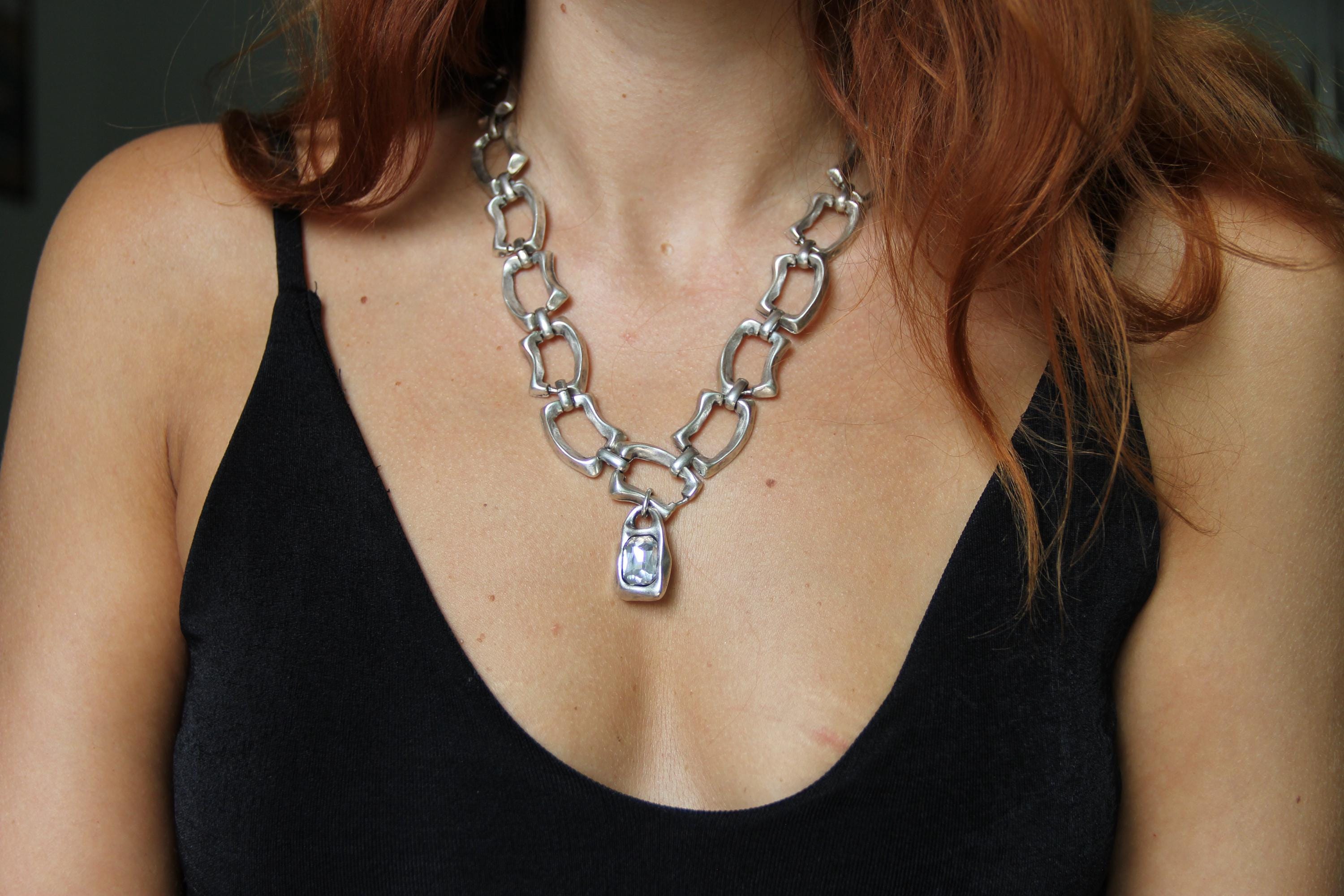 Large Silver Chain Statement Necklace with Large Stone
