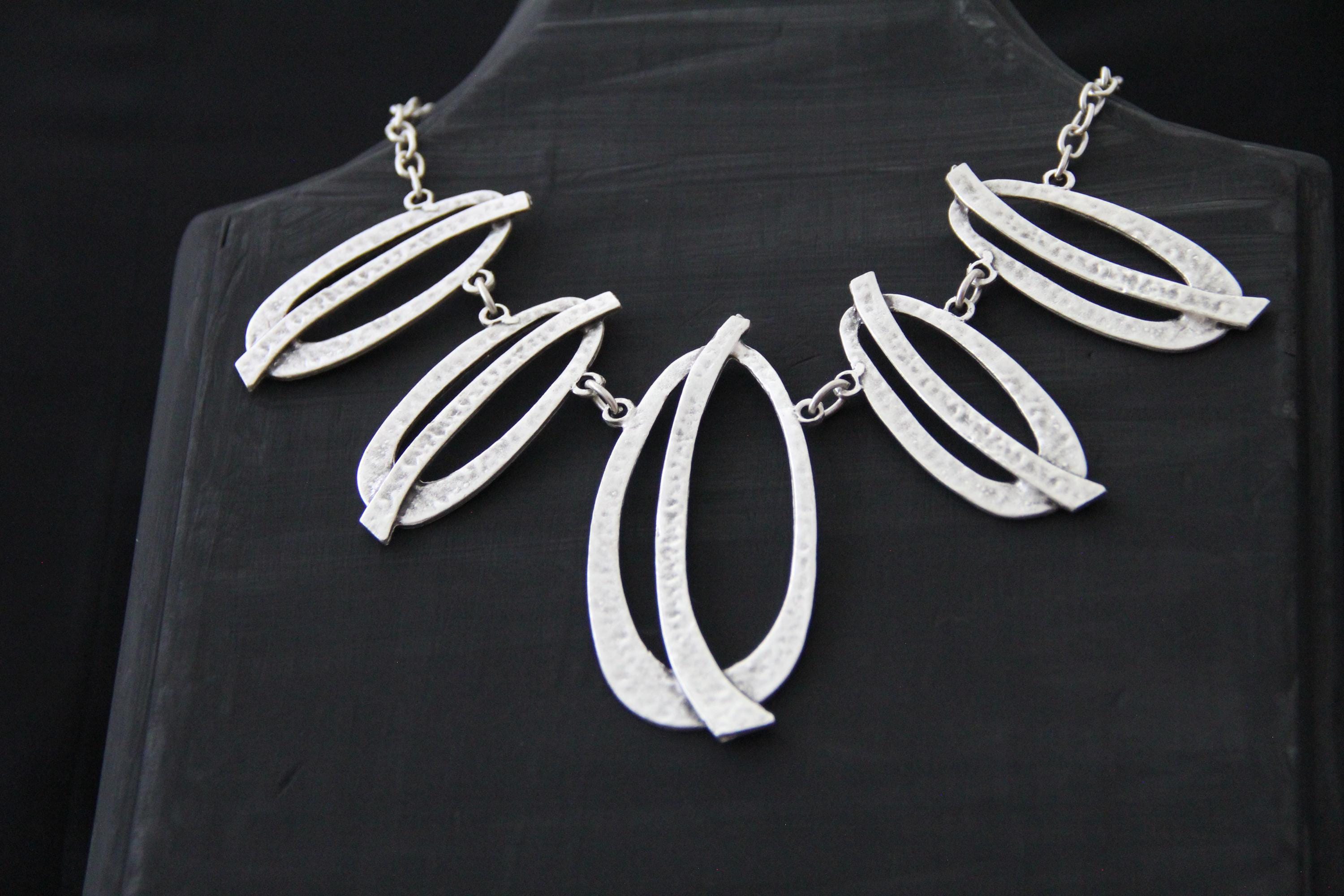 Handmade Silver Statement Necklace for Women – Unique Bold Geometric Large Pendant Ethnic Jewelry, Gift for Her