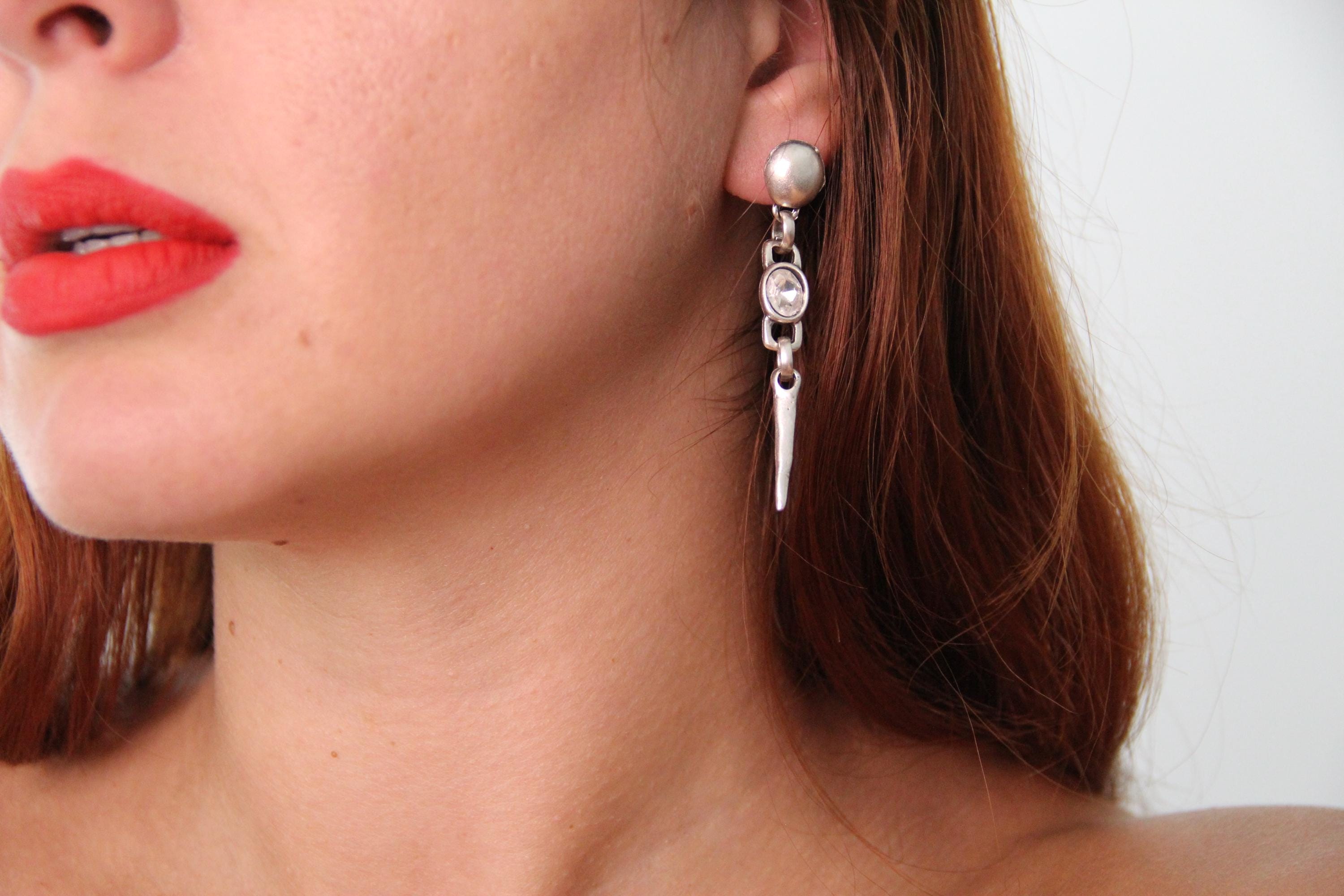 Dangle Silver Earrings with Stone in Middle
