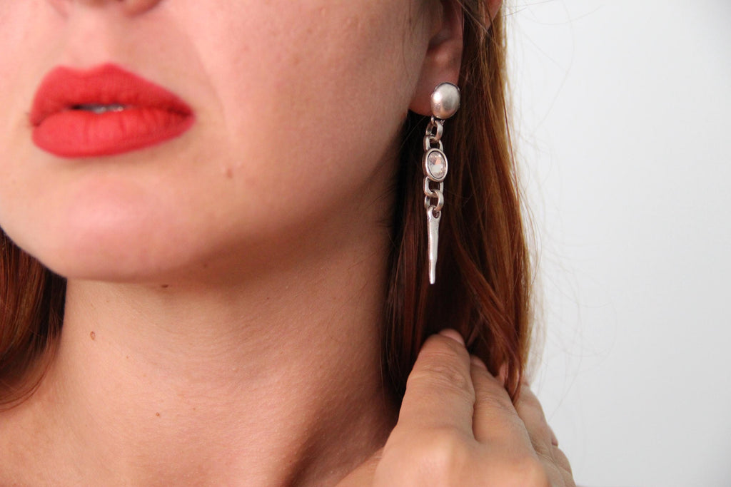 Dangle Silver Earrings with Stone in Middle