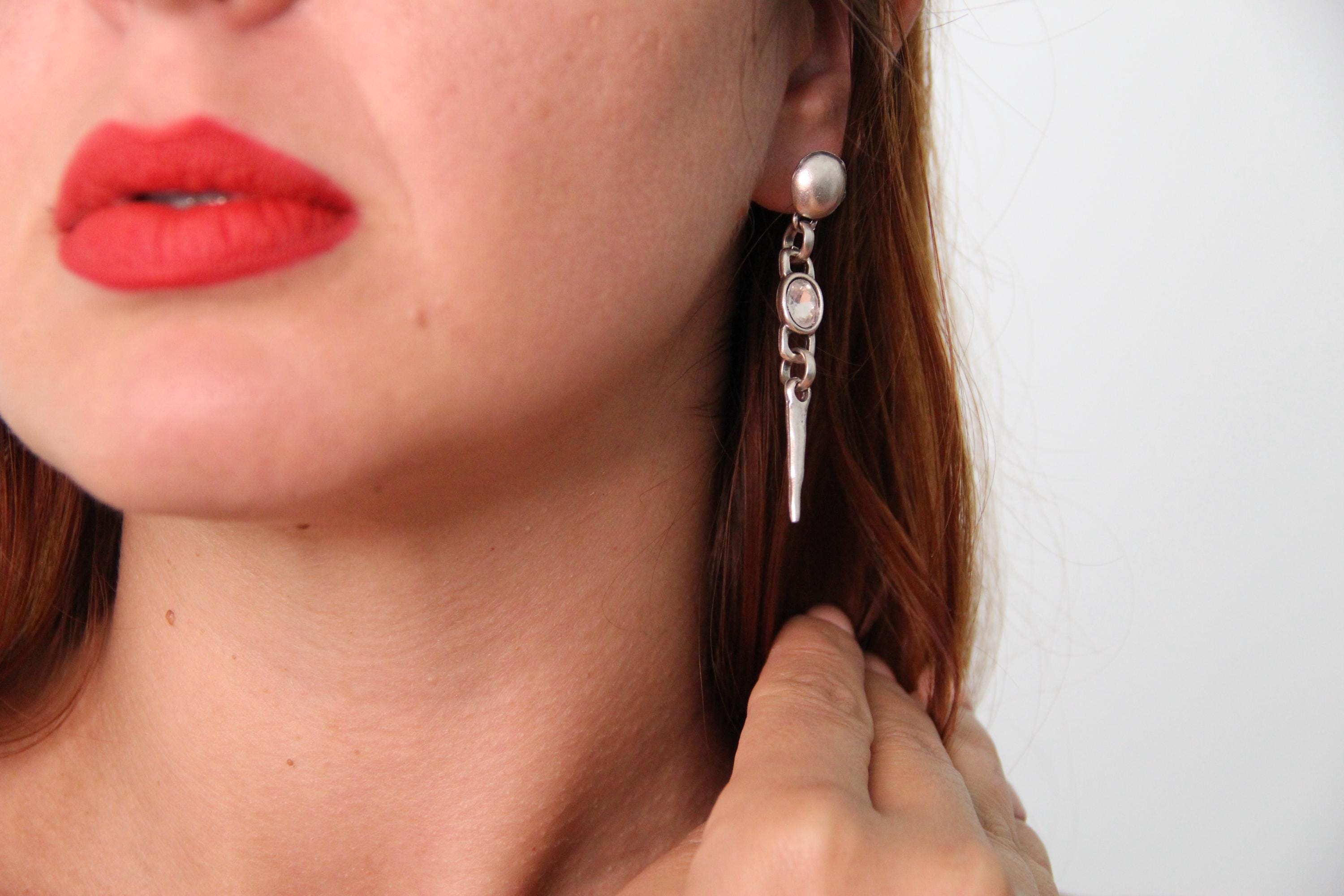 Dangle Silver Earrings with Stone in Middle
