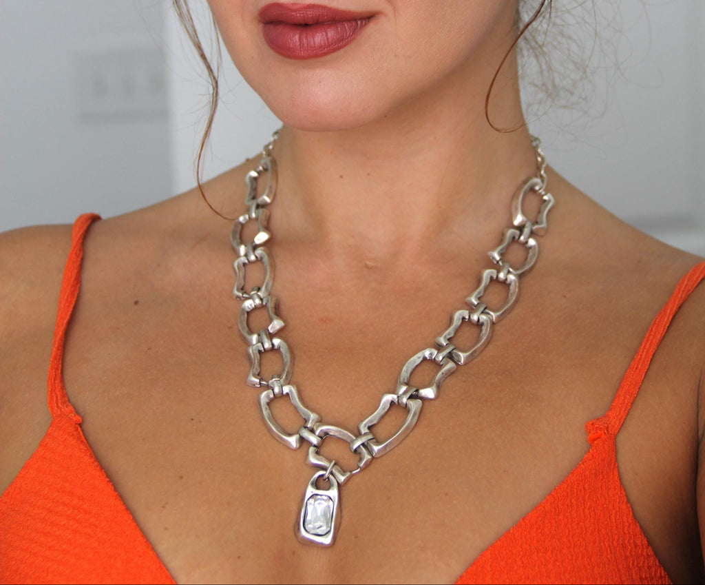 Large Silver Chain Statement Necklace with Large Stone