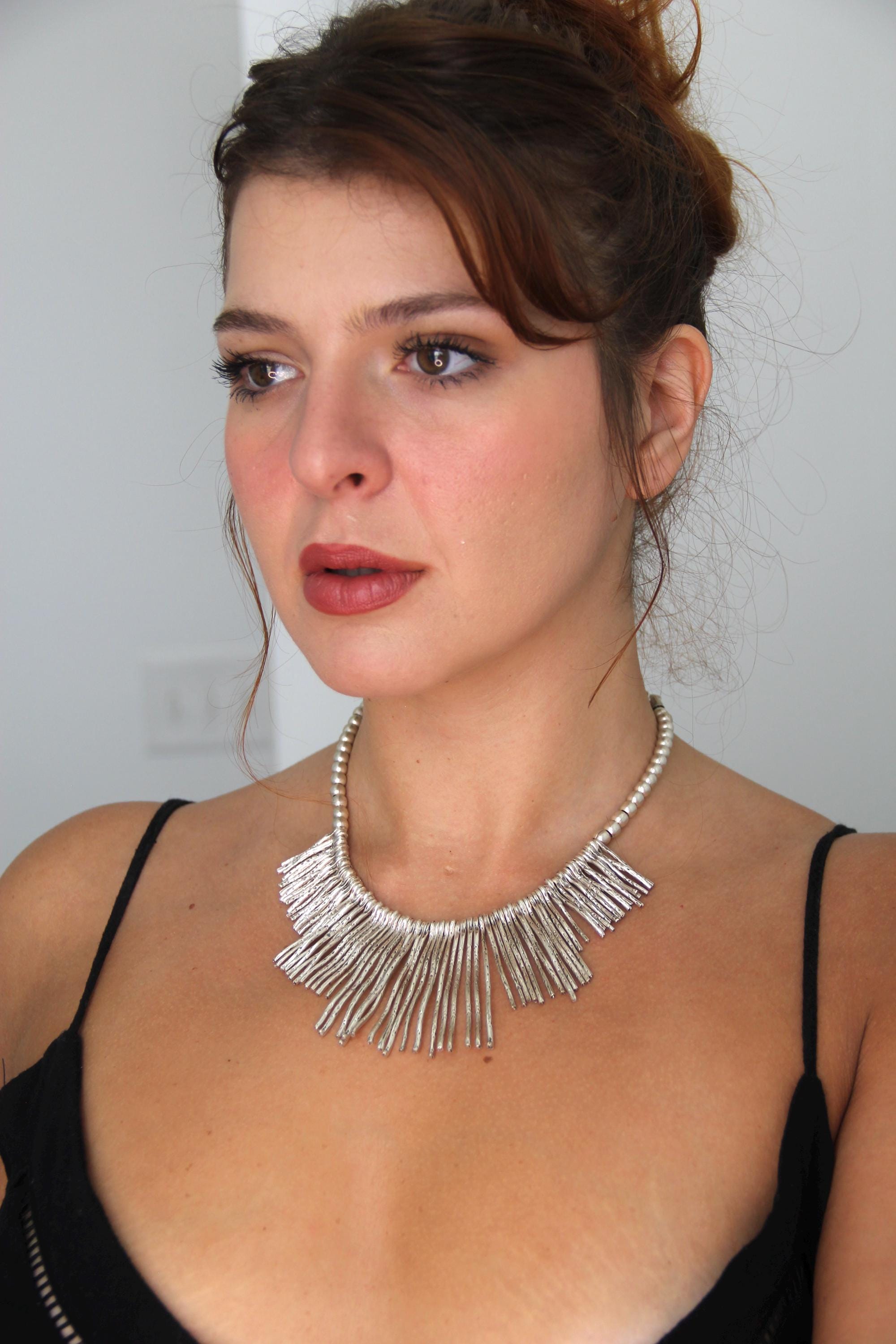 Silver Spiked Statement Necklace – Unique Chic Design with Silver Beaded Collar, Bold Fashion Jewelry
