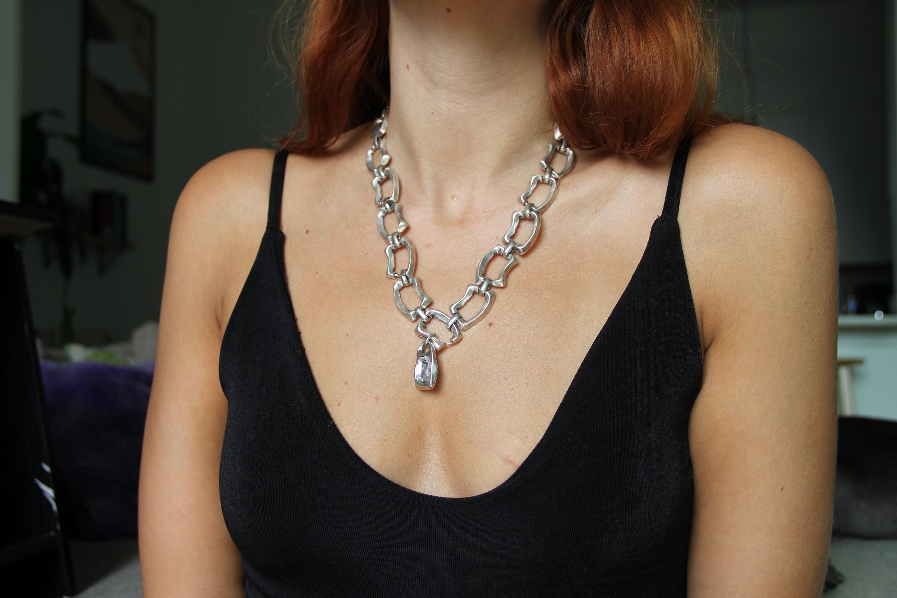 Large Silver Chain Statement Necklace with Large Stone