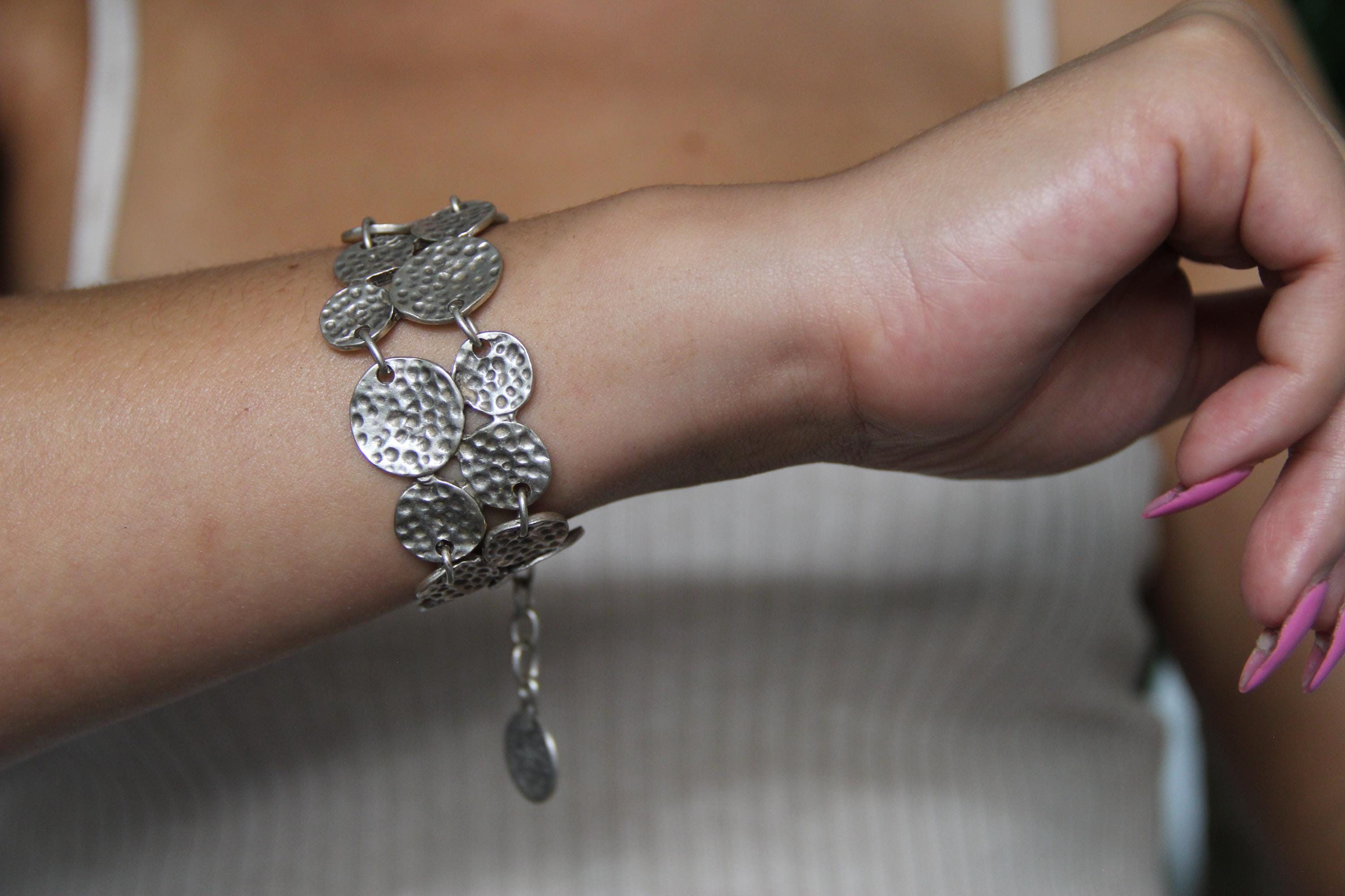 Adjustable Silver Hammered Bracelet Geometrical Statement Bracelet
