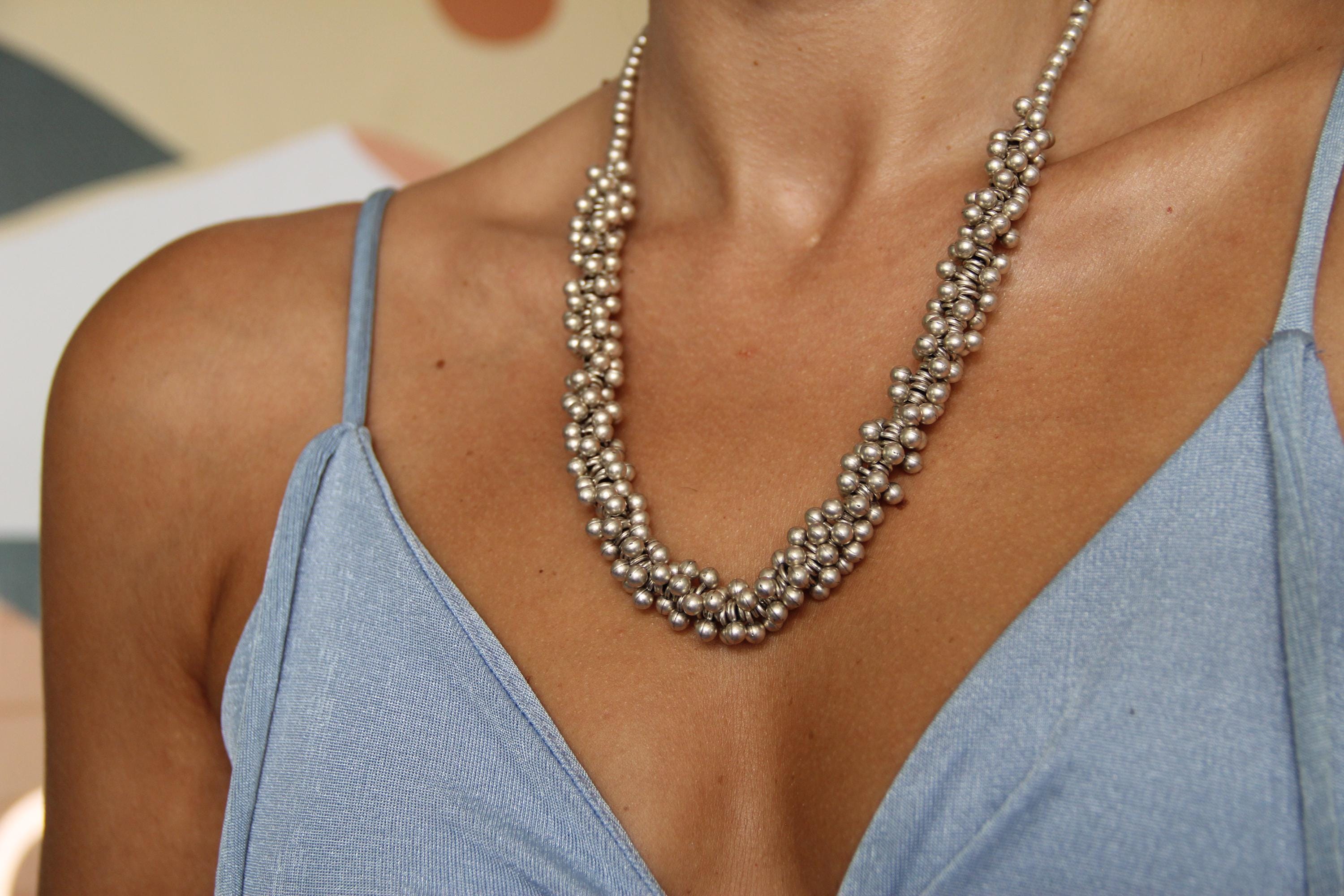 Chic Silver Beaded Statement Necklace – Unique Handmade Jewelry, Gift Idea for Her, Work or Vacation Accessory