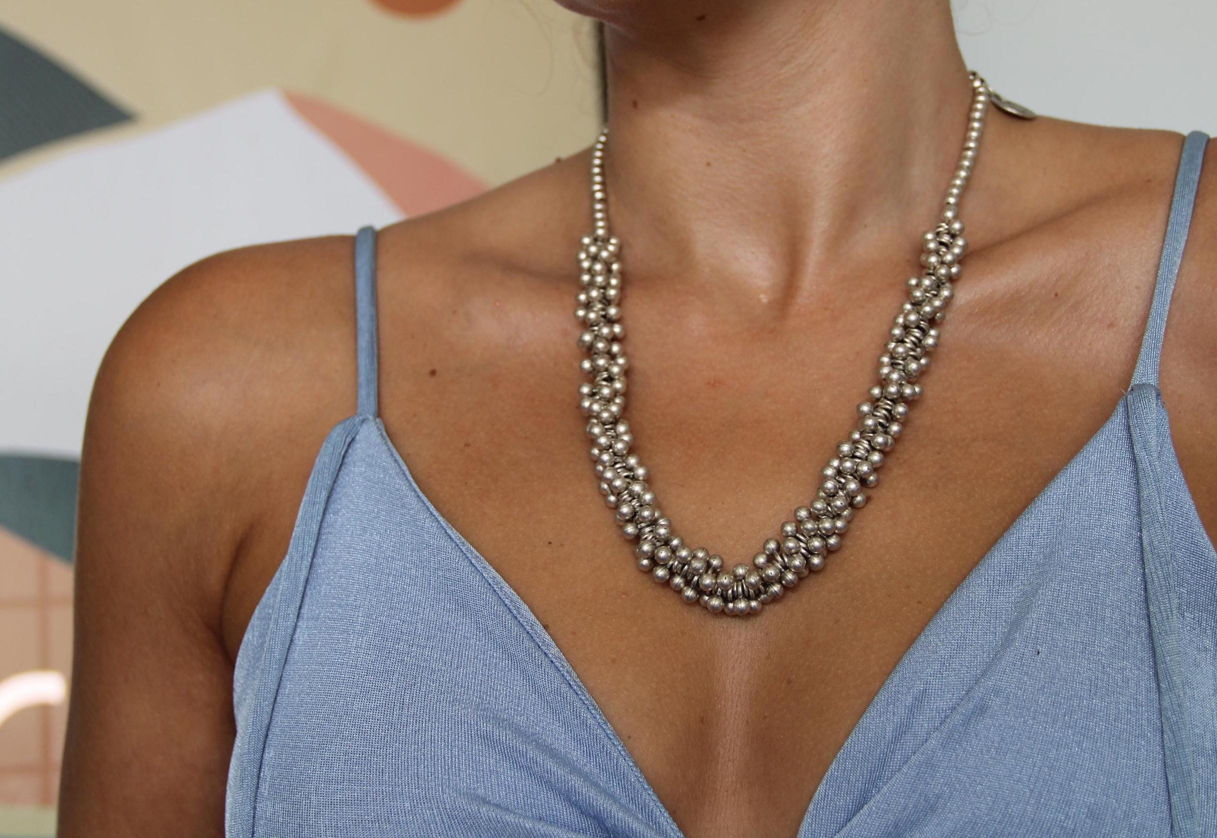 Chic Silver Beaded Statement Necklace – Unique Handmade Jewelry, Gift Idea for Her, Work or Vacation Accessory