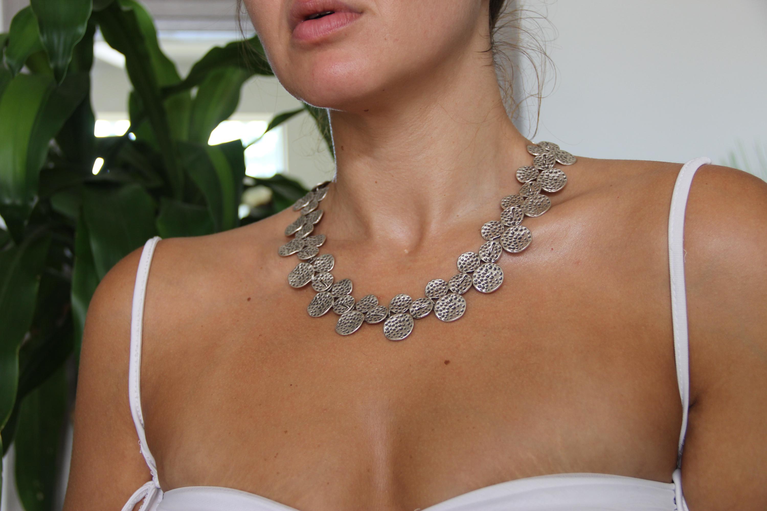 Adjustable Silver Statement Necklace – Handmade Hammered Circle Pendant, Geometric Ethnic Jewelry, Chic Unique Jewelry Idea for Her