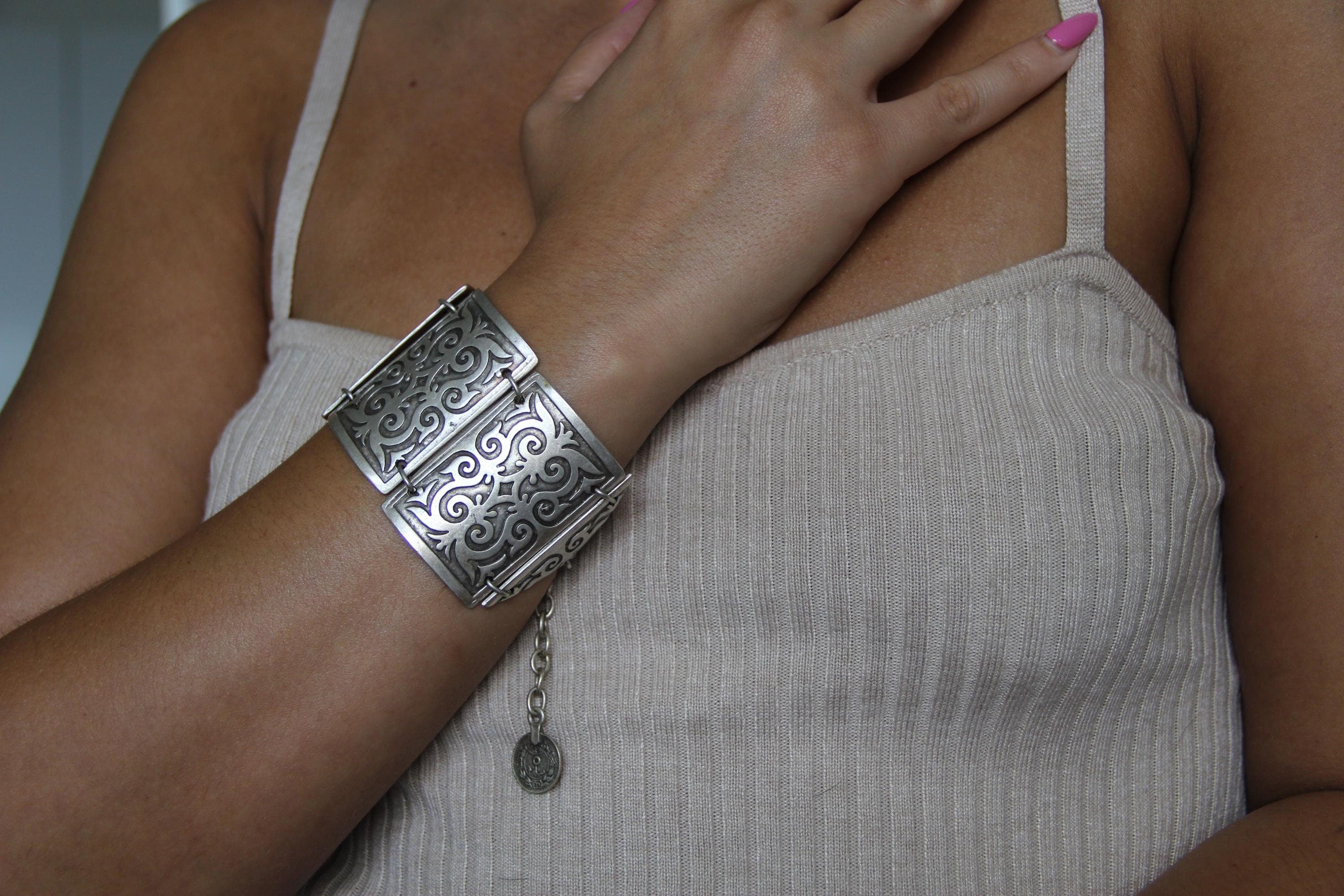 Adjustable Silver Engraved Ethnic Design Bracelet