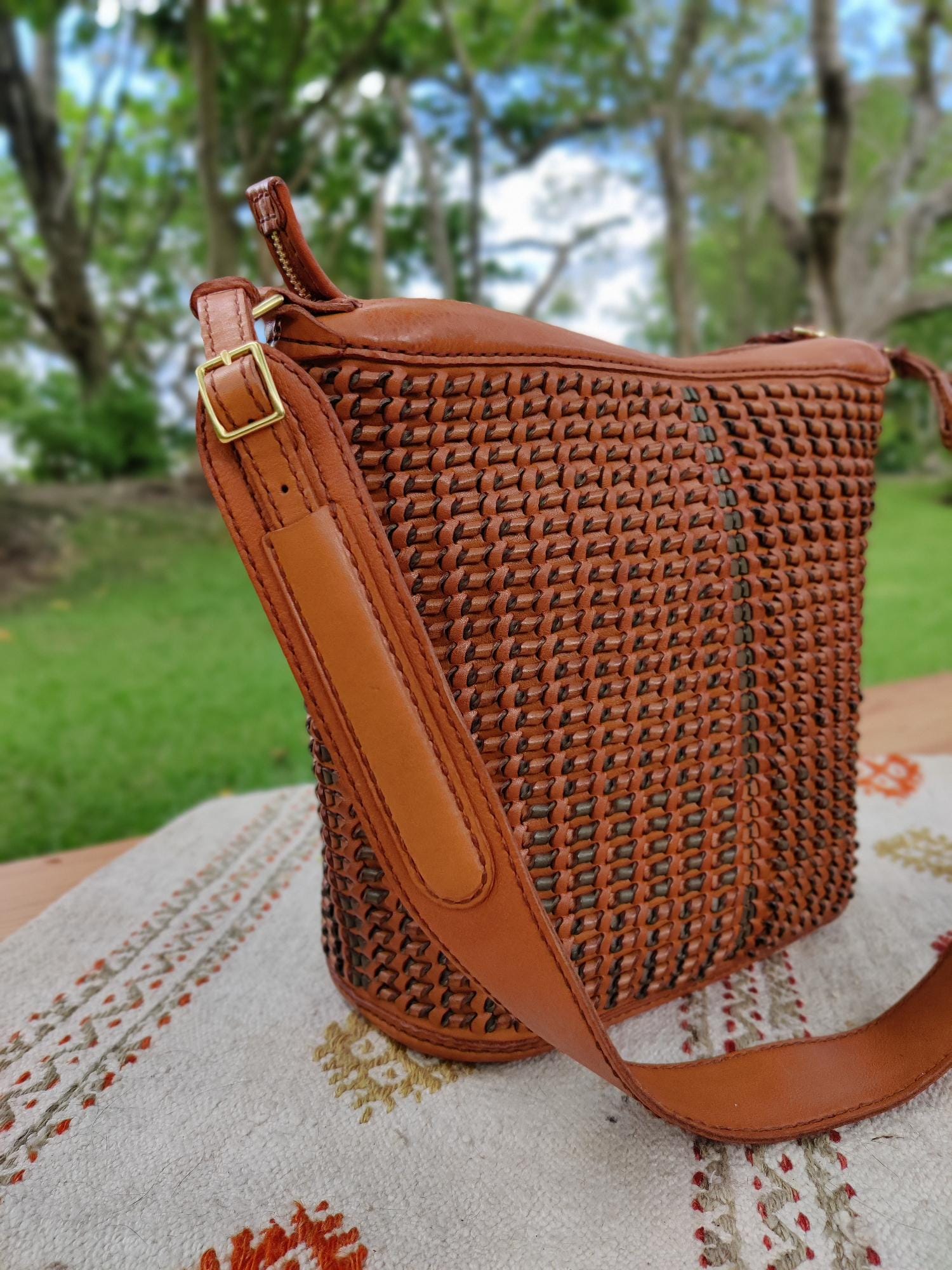 Genuine Leather Brown Woven Shoulder Bag