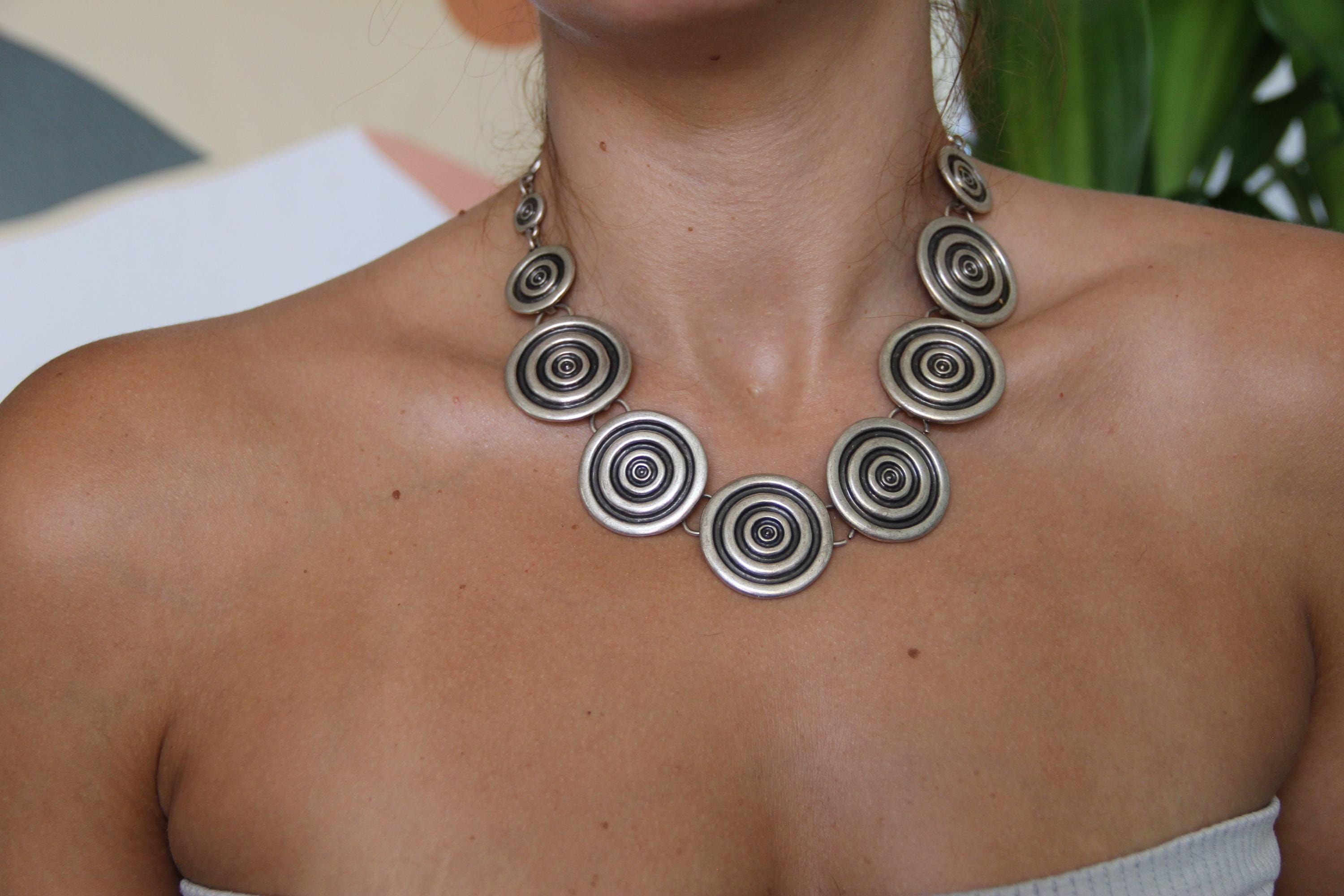 Adjustable Silver Circle Engraved Statement Necklace – Handmade Jewelry Gift for Friend, Fall Fashion & Girls Night Out Accessory