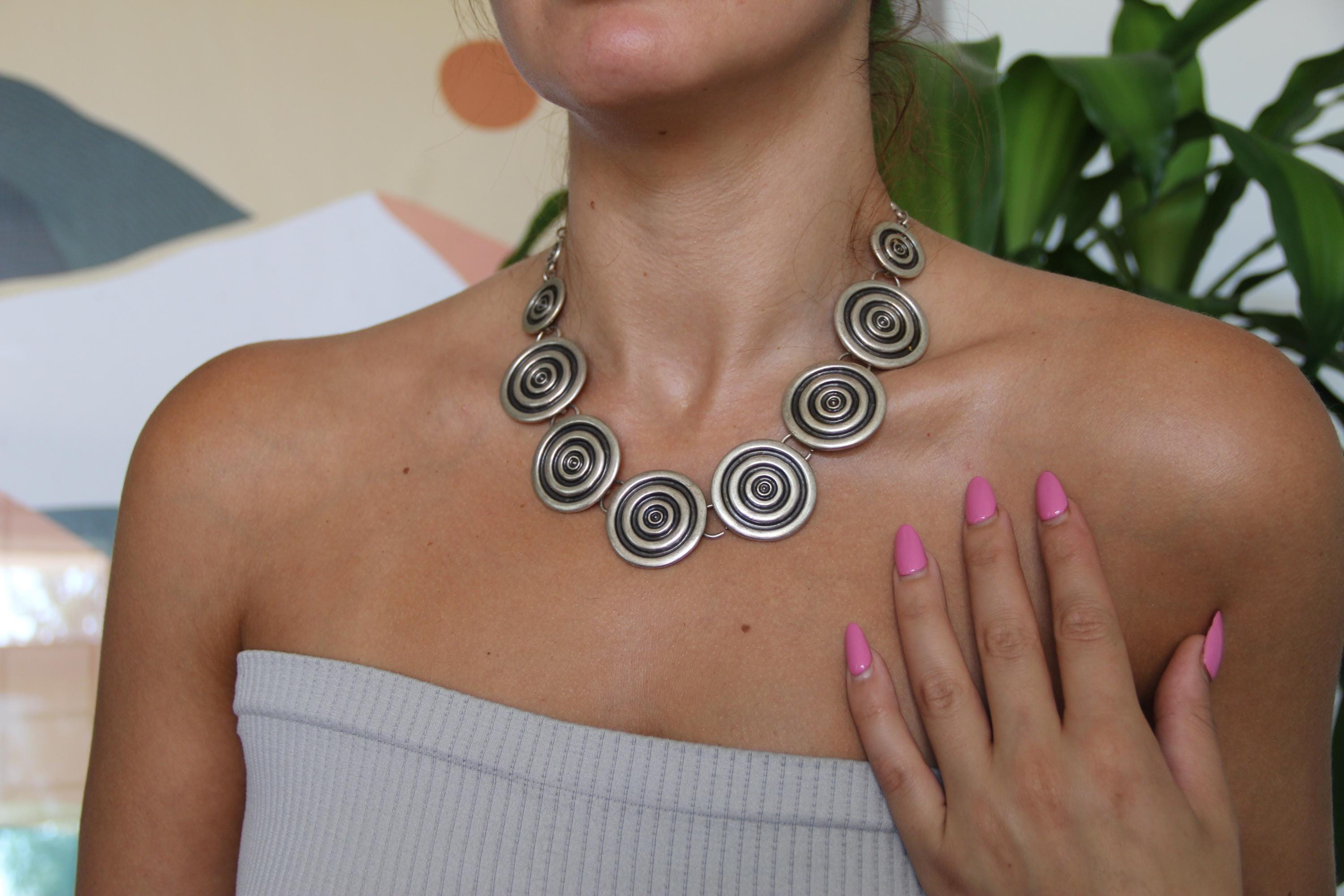 Adjustable Silver Circle Engraved Statement Necklace – Handmade Jewelry Gift for Friend, Fall Fashion & Girls Night Out Accessory