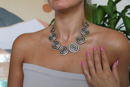 Adjustable Silver Circle Engraved Statement Necklace – Handmade Jewelry Gift for Friend, Fall Fashion & Girls Night Out Accessory
