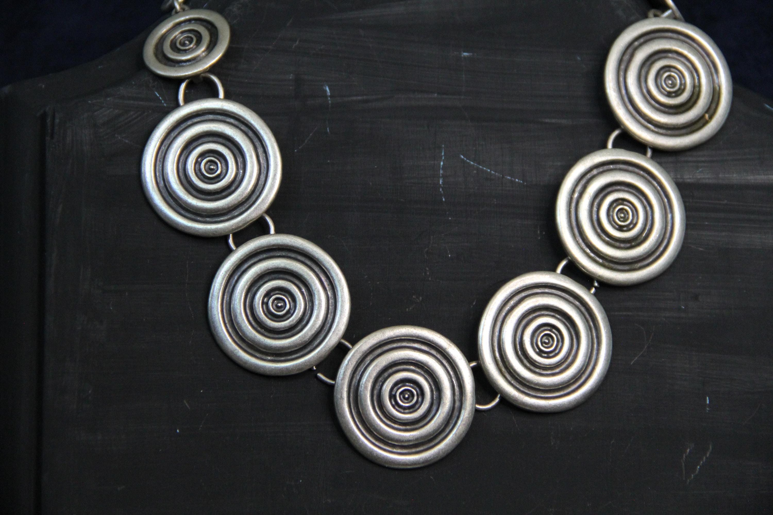 Adjustable Silver Circle Engraved Statement Necklace – Handmade Jewelry Gift for Friend, Fall Fashion & Girls Night Out Accessory