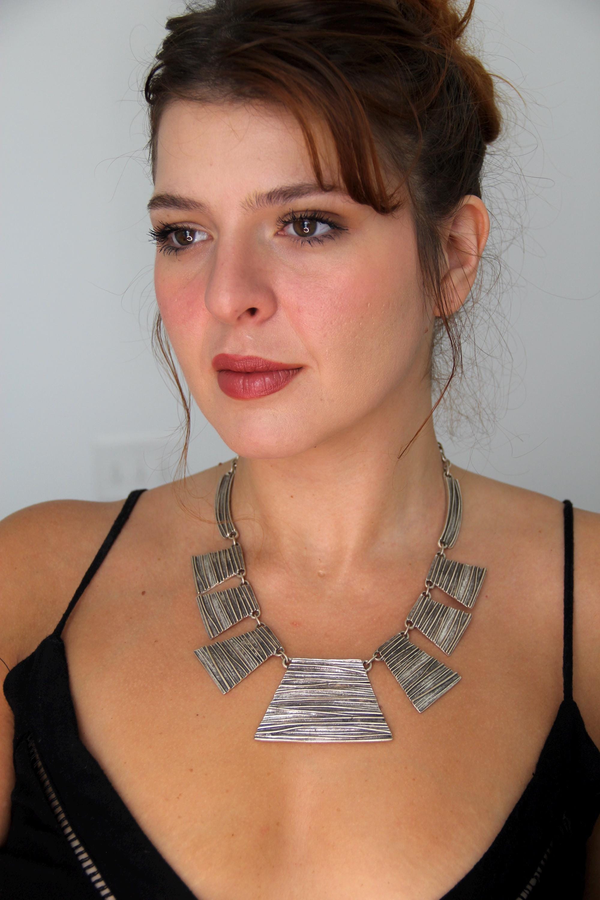 Chunky Silver Bohemian Statement Choker Necklace for Women – Western Style Geometric Ethnic Jewelry, Night Out Accessory Idea