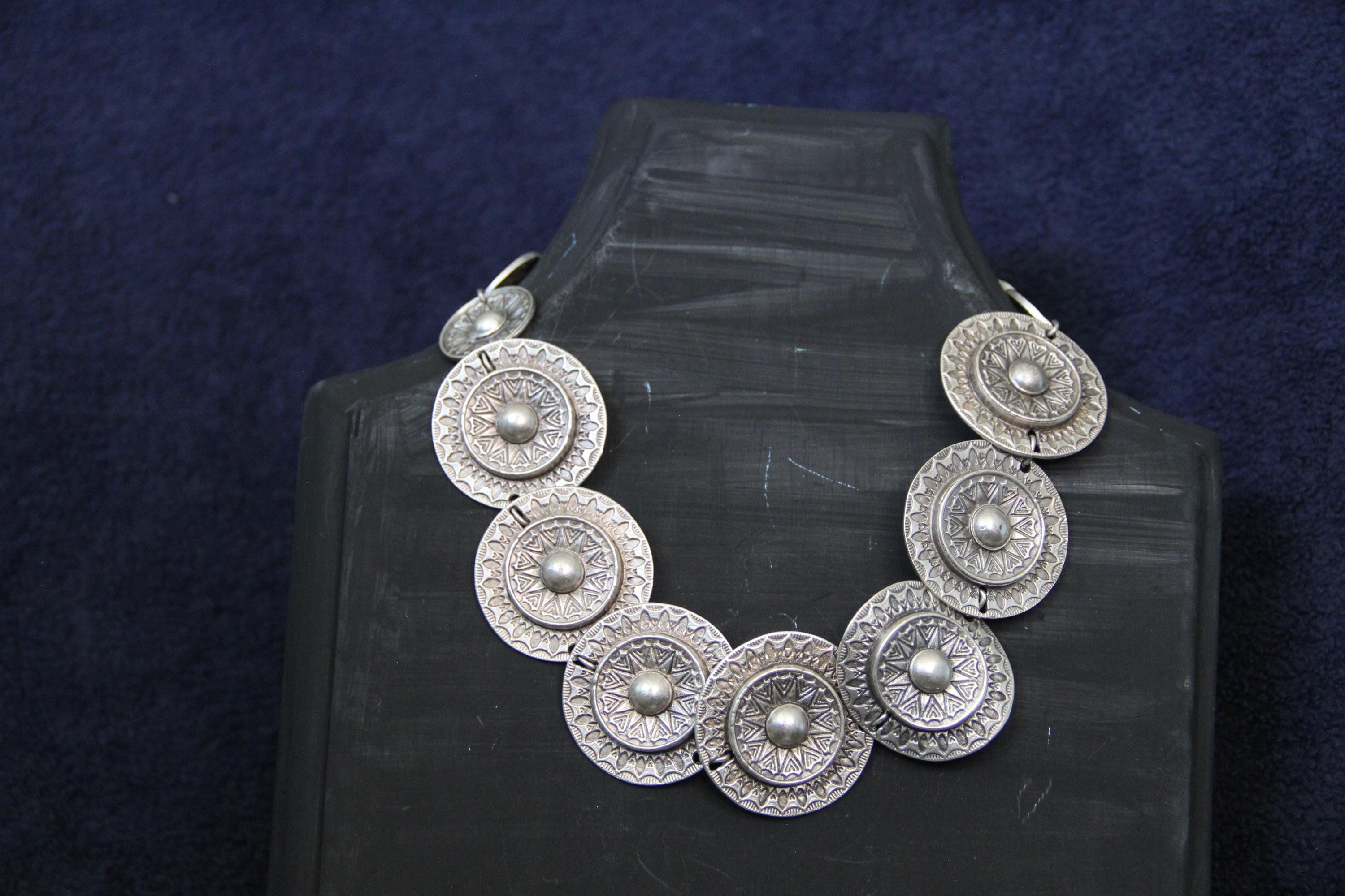 Bohemian Hammered Silver Necklace – Large Ethnic Design Choker Necklace, Handmade Boho Style Jewelry for Women