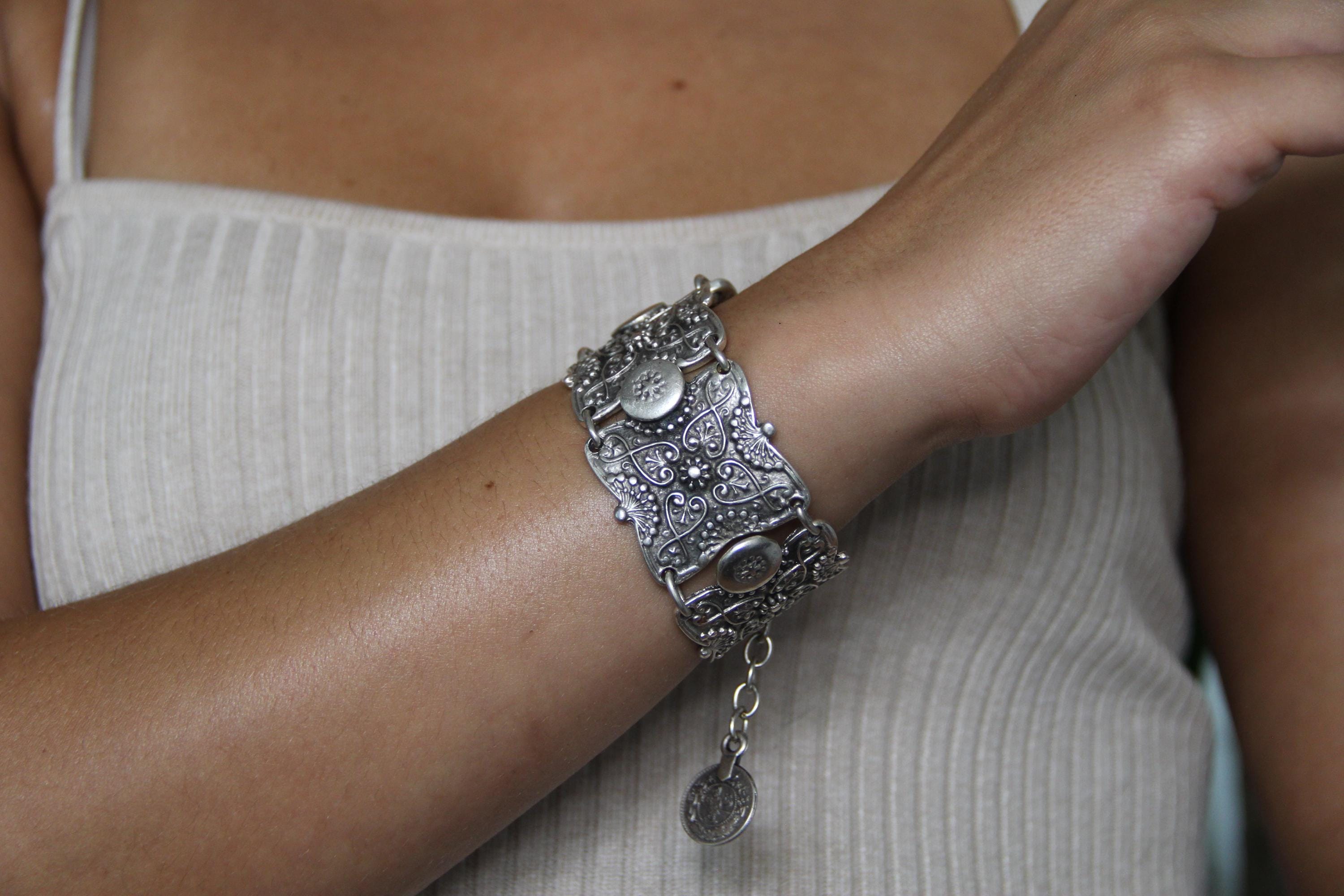 Silver Large Hammered Adjustable Ethnic Bracelet