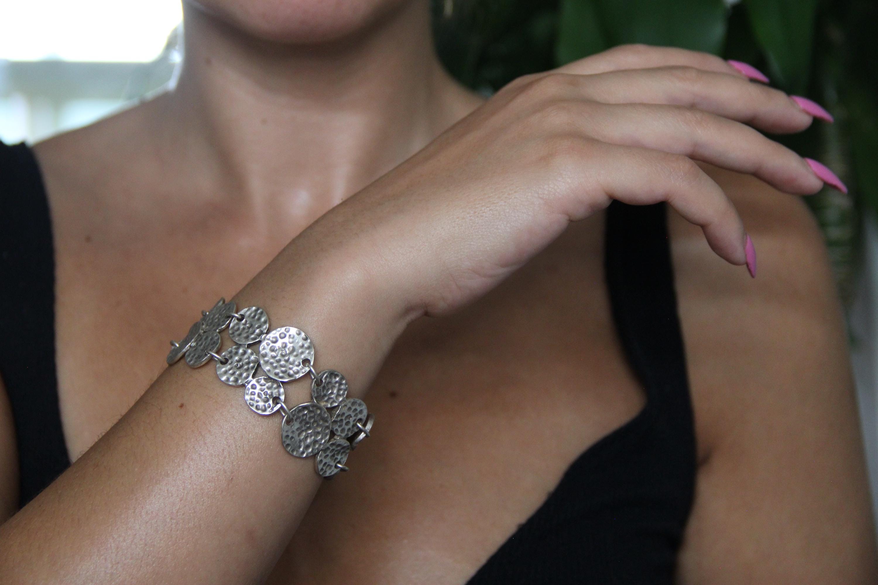 Adjustable Silver Hammered Bracelet Geometrical Statement Bracelet