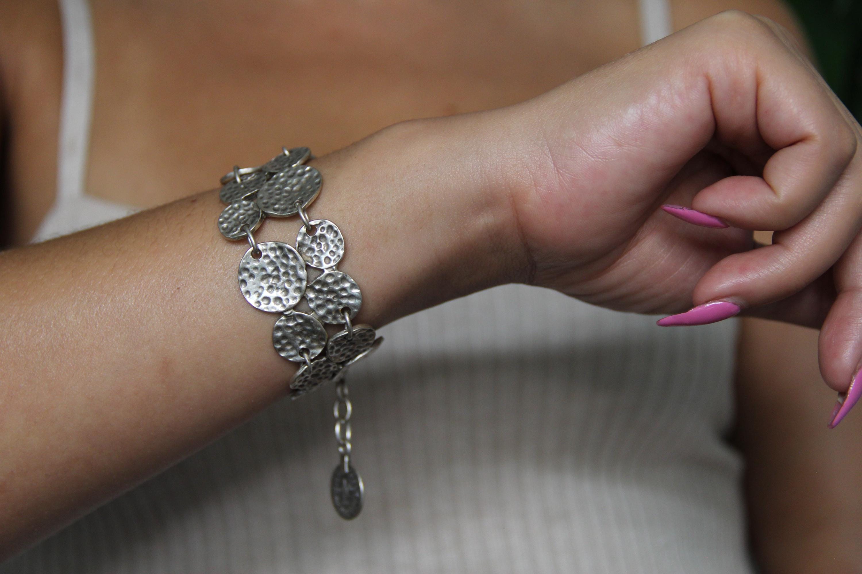 Adjustable Silver Hammered Bracelet Geometrical Statement Bracelet