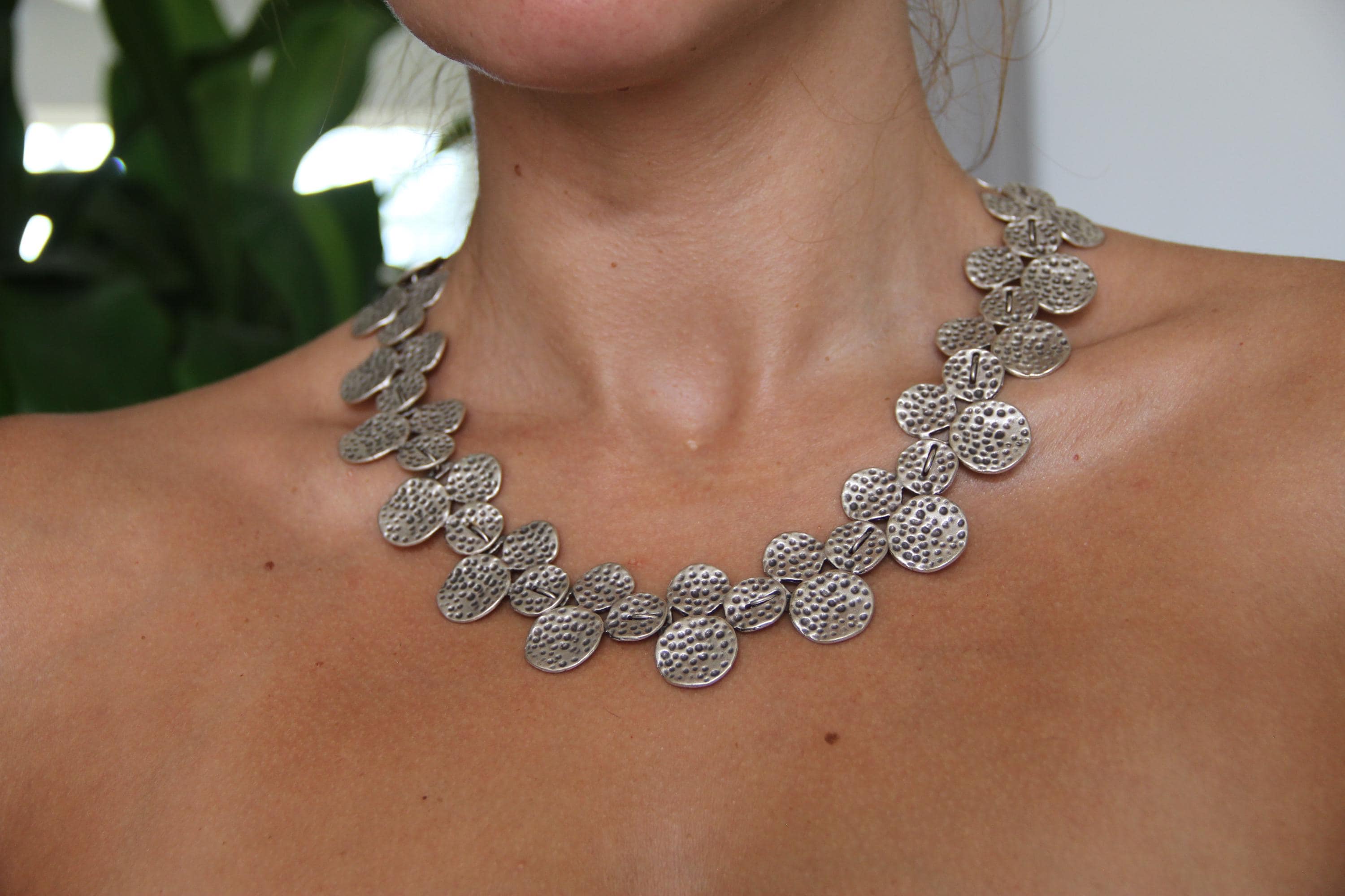 Adjustable Silver Statement Necklace – Handmade Hammered Circle Pendant, Geometric Ethnic Jewelry, Chic Unique Jewelry Idea for Her