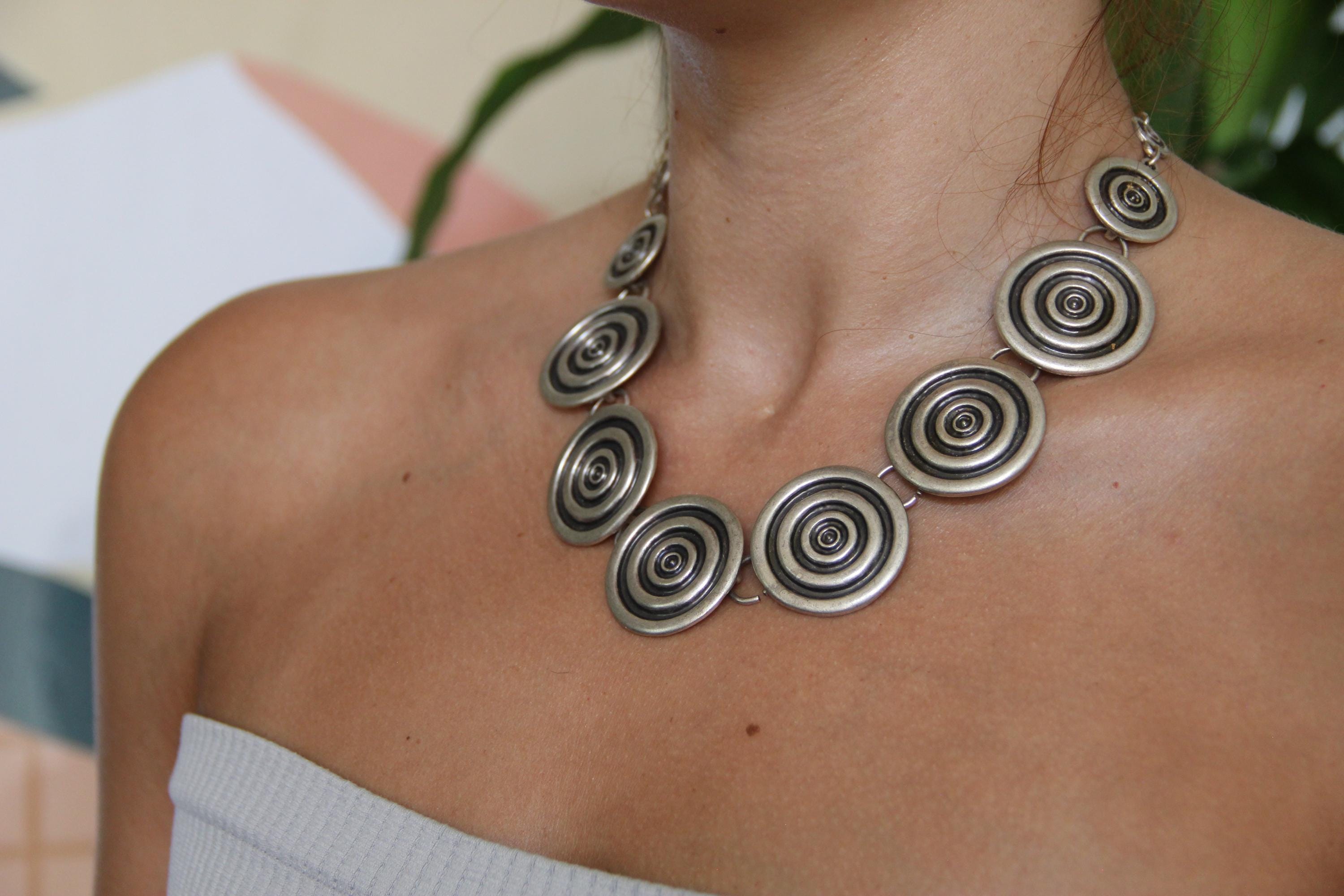 Adjustable Silver Circle Engraved Statement Necklace – Handmade Jewelry Gift for Friend, Fall Fashion & Girls Night Out Accessory