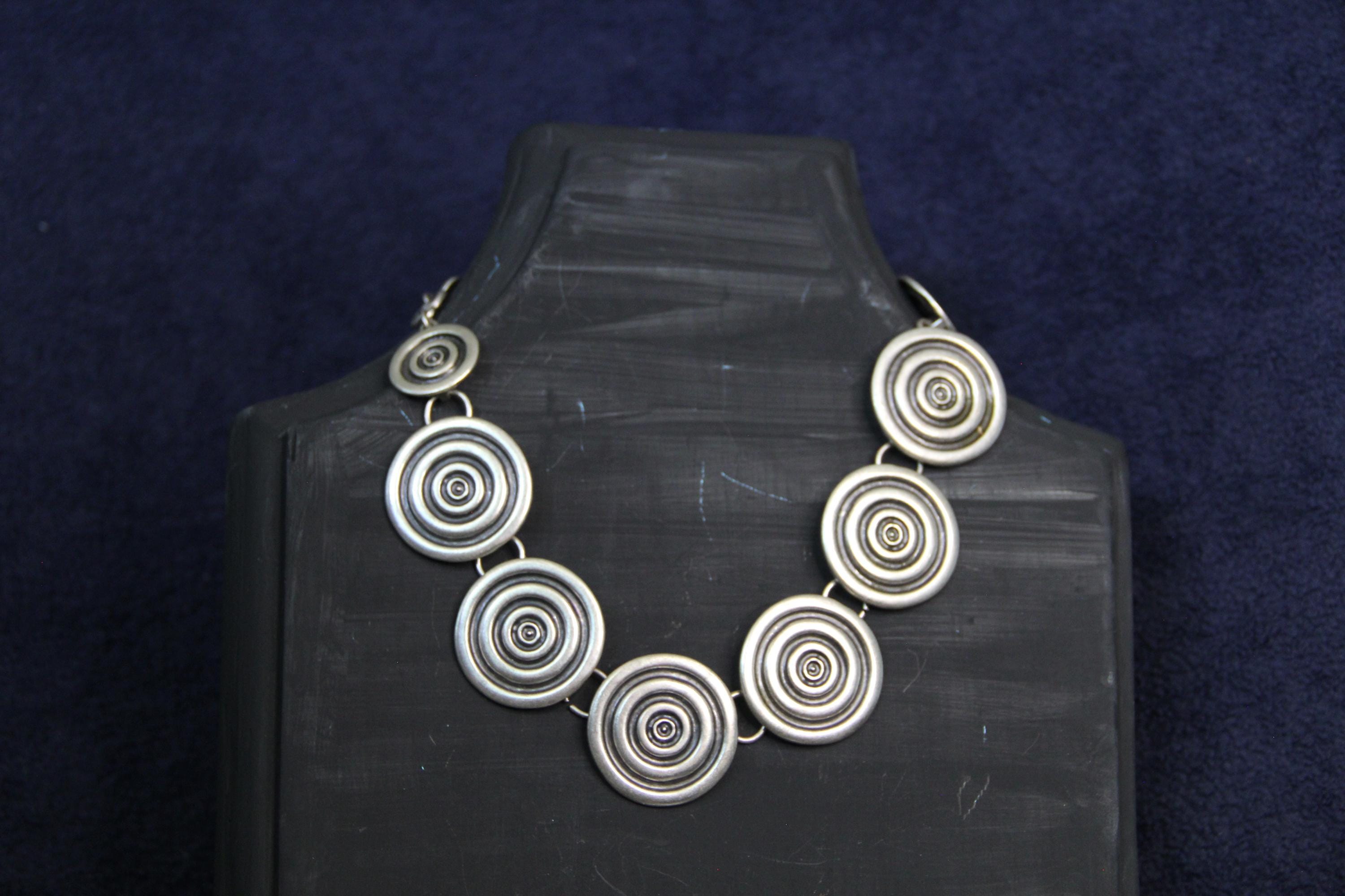 Adjustable Silver Circle Engraved Statement Necklace – Handmade Jewelry Gift for Friend, Fall Fashion & Girls Night Out Accessory