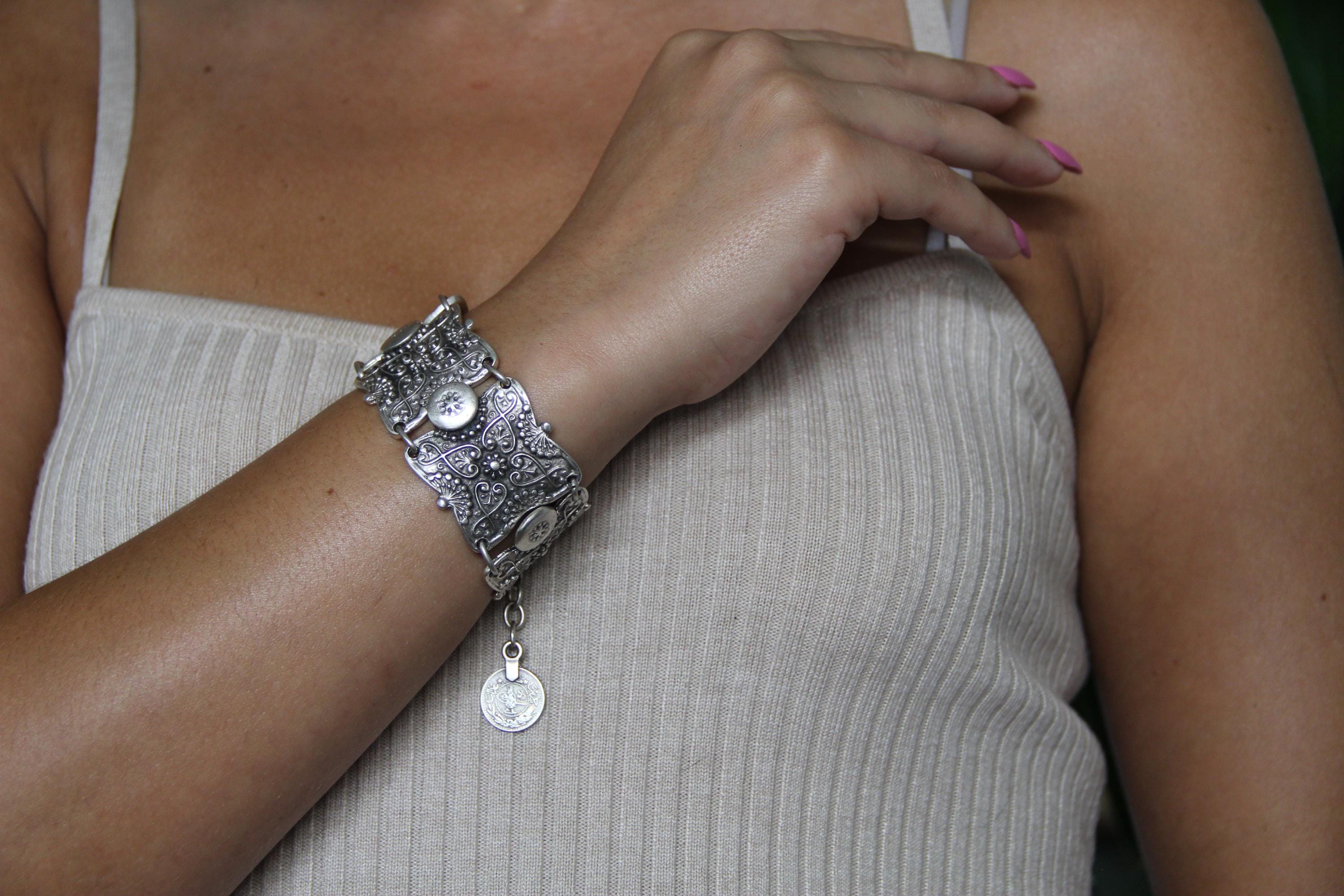 Silver Large Hammered Adjustable Ethnic Bracelet