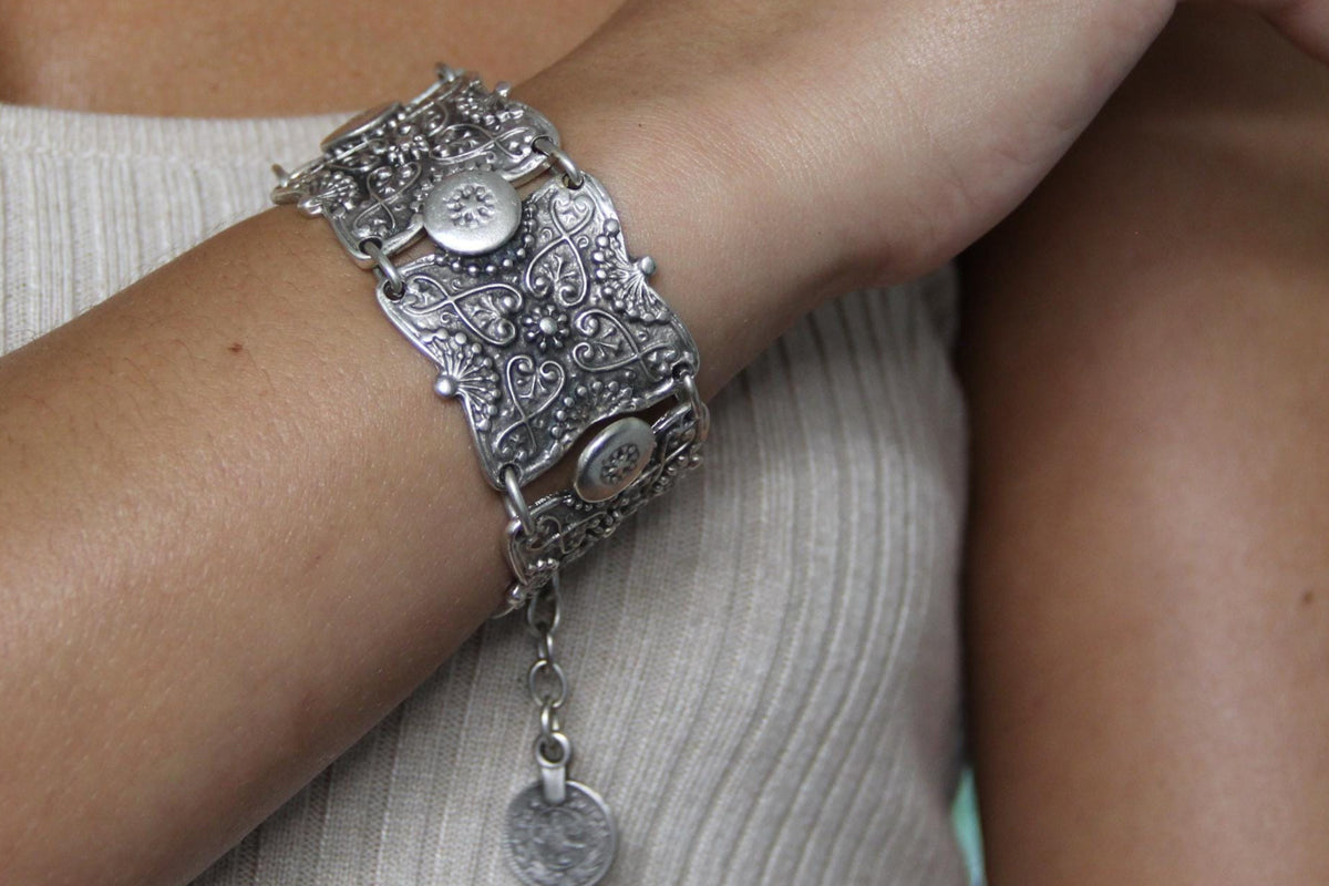 Silver Large Hammered Adjustable Ethnic Bracelet