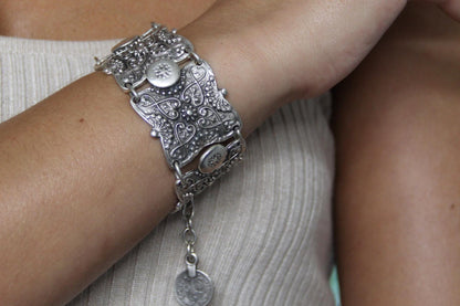 Silver Large Hammered Adjustable Ethnic Bracelet