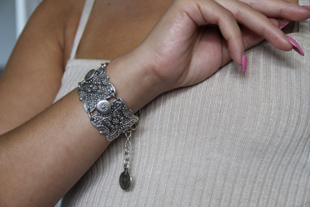 Silver Large Hammered Adjustable Ethnic Bracelet