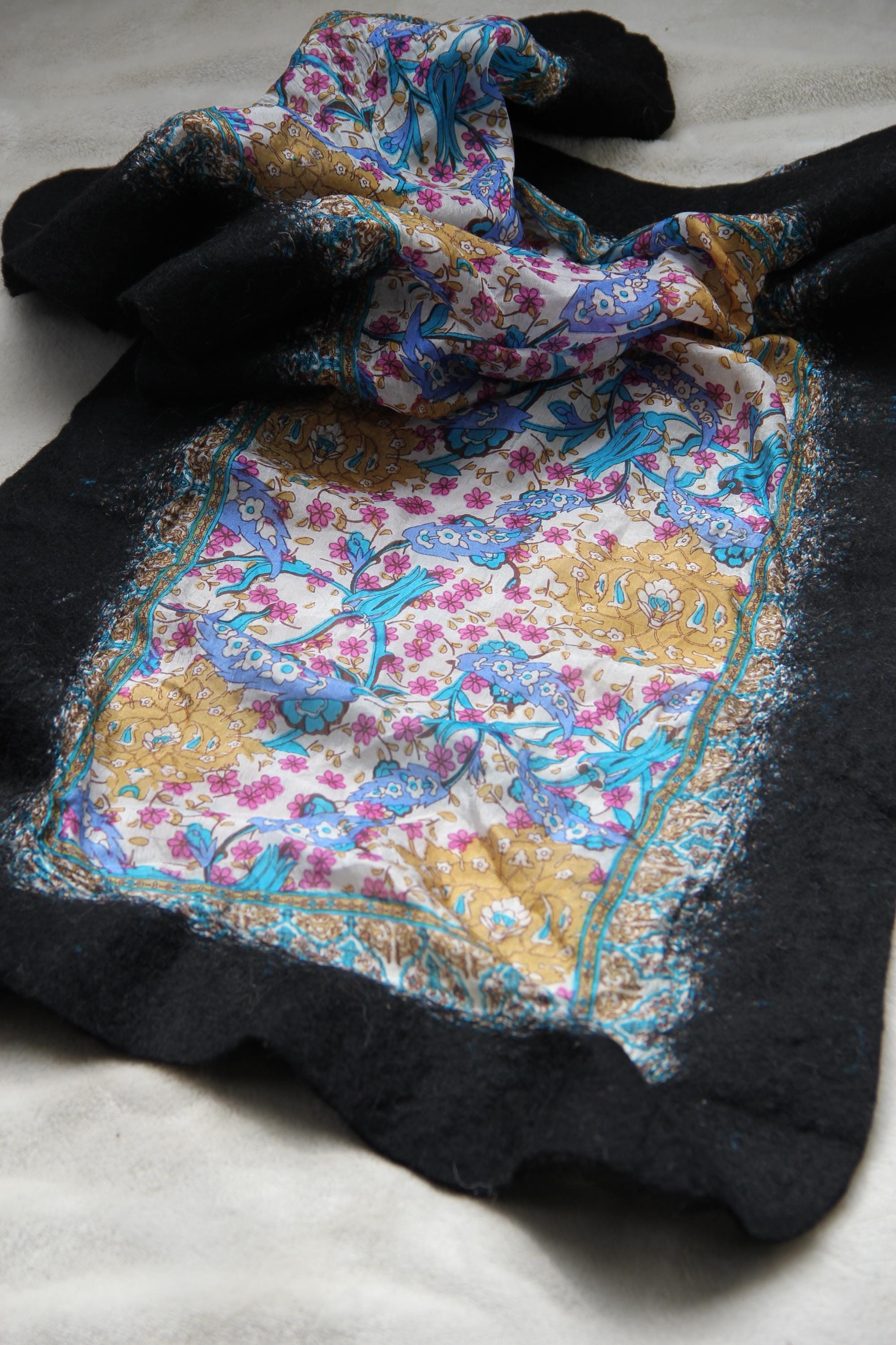 Silk Wool Wrap Boho Chic Style Black Shawl