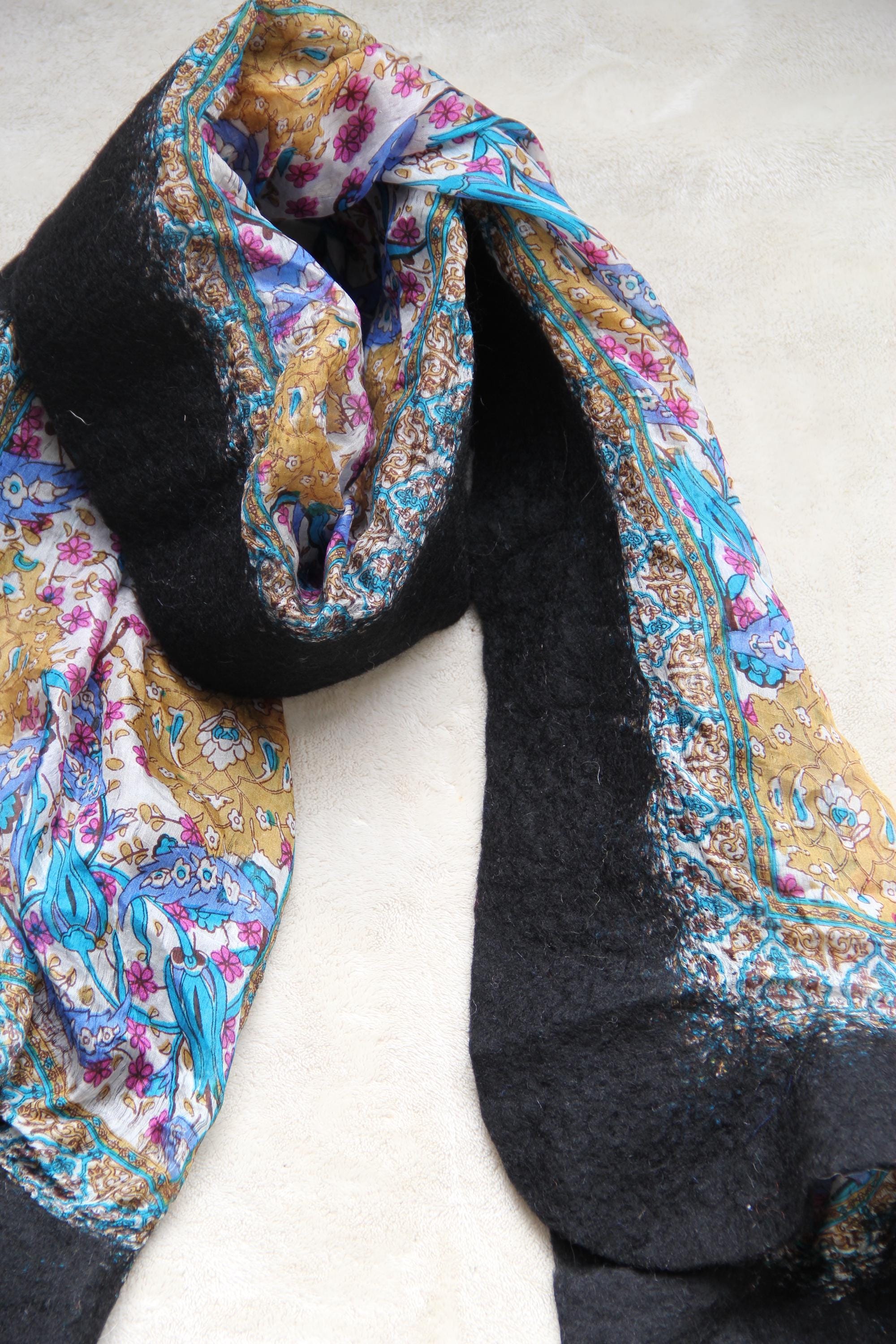 Silk Wool Wrap Boho Chic Style Black Shawl