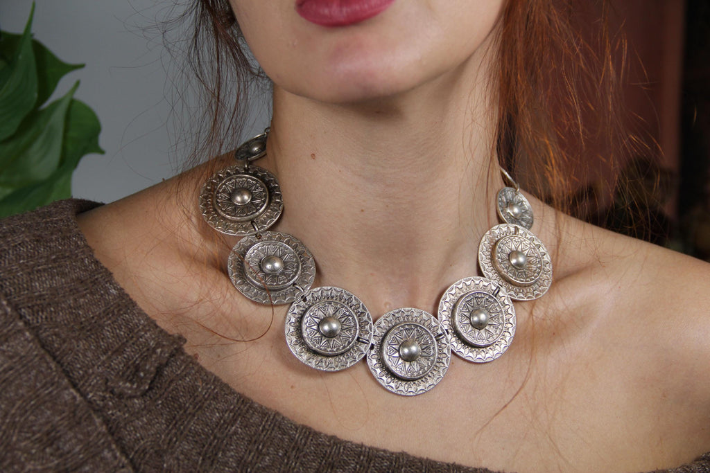 Bohemian Hammered Silver Necklace – Large Ethnic Design Choker Necklace, Handmade Boho Style Jewelry for Women