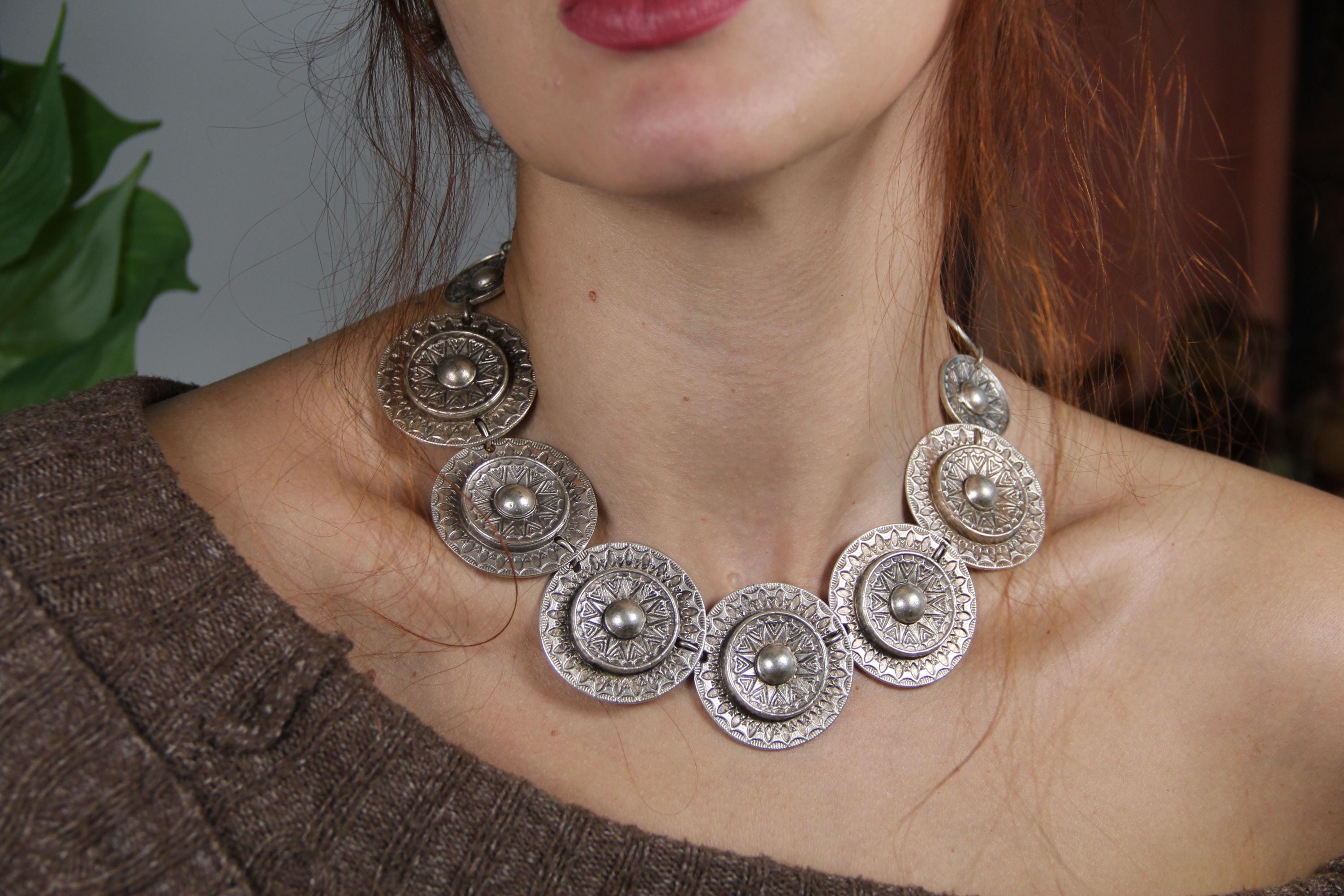 Bohemian Hammered Silver Necklace – Large Ethnic Design Choker Necklace, Handmade Boho Style Jewelry for Women