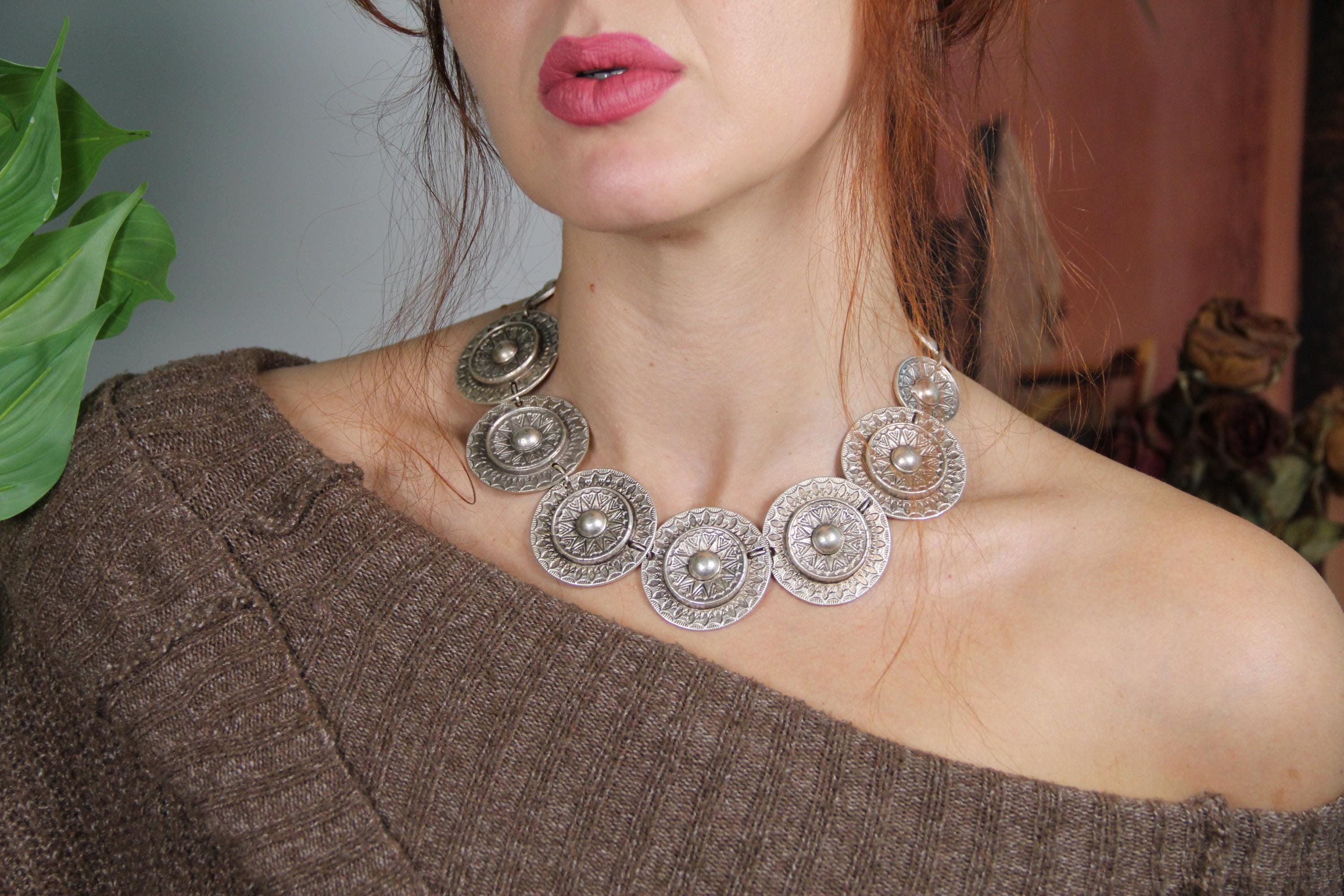 Bohemian Hammered Silver Necklace – Large Ethnic Design Choker Necklace, Handmade Boho Style Jewelry for Women