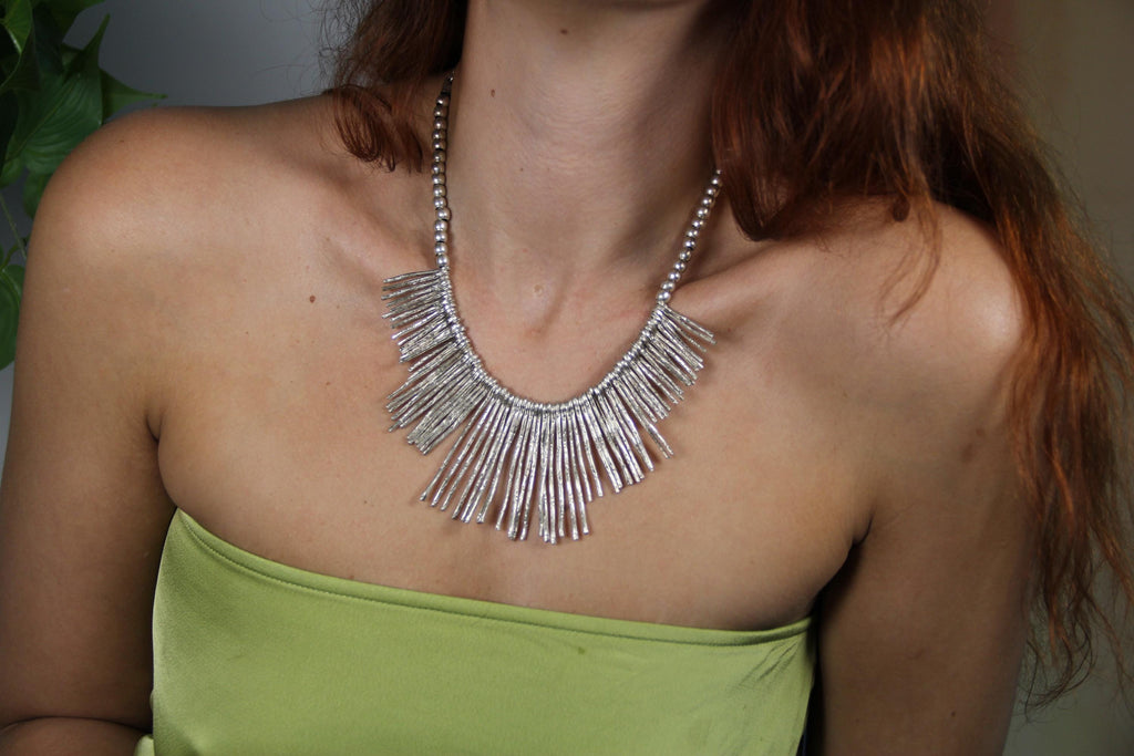Silver Spiked Statement Necklace – Unique Chic Design with Silver Beaded Collar, Bold Fashion Jewelry