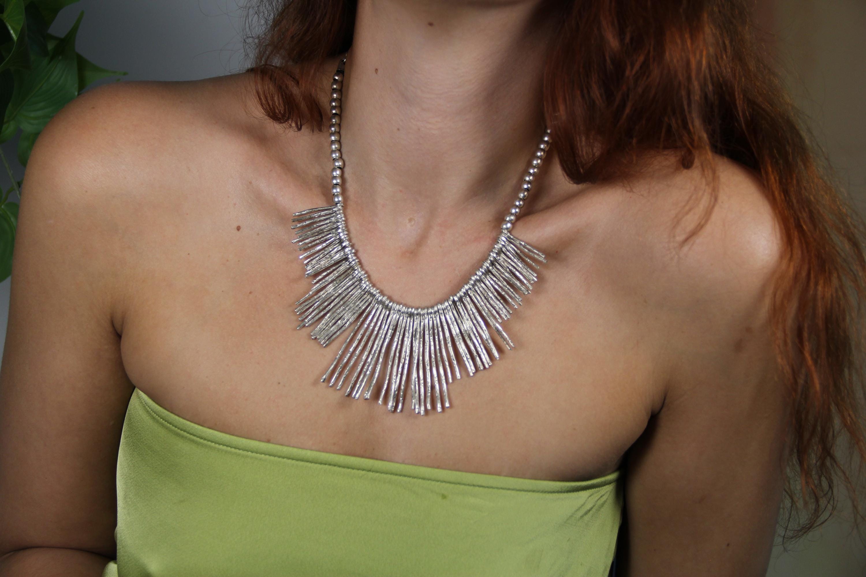 Silver Spiked Statement Necklace – Unique Chic Design with Silver Beaded Collar, Bold Fashion Jewelry