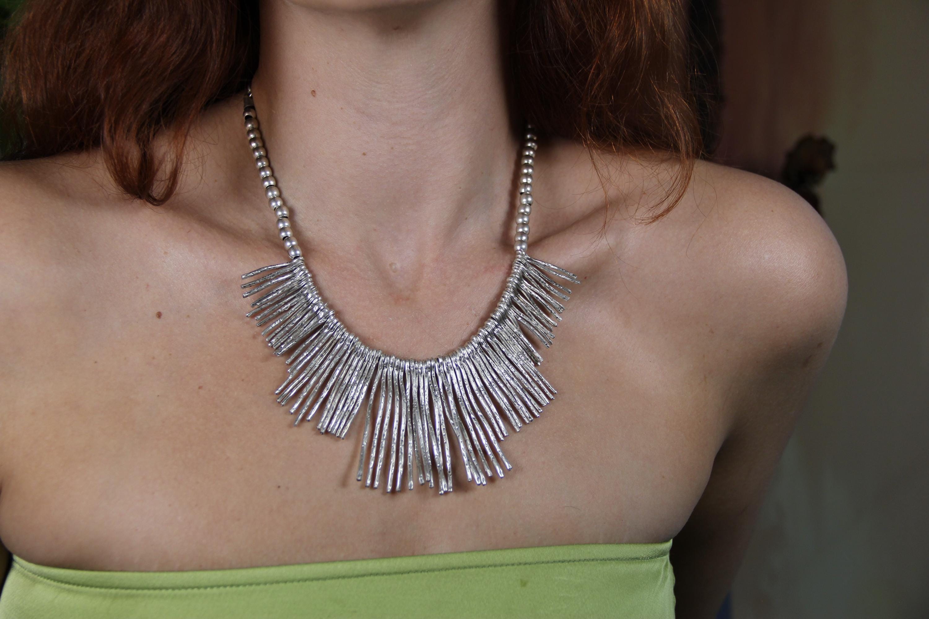 Silver Spiked Statement Necklace – Unique Chic Design with Silver Beaded Collar, Bold Fashion Jewelry