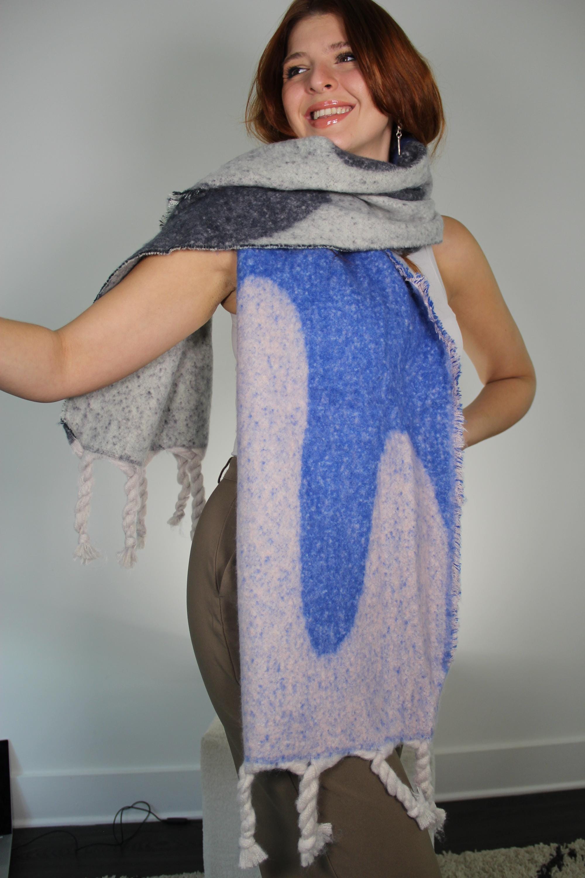 Blue Color Block Large Chic Style Blanket Scarf