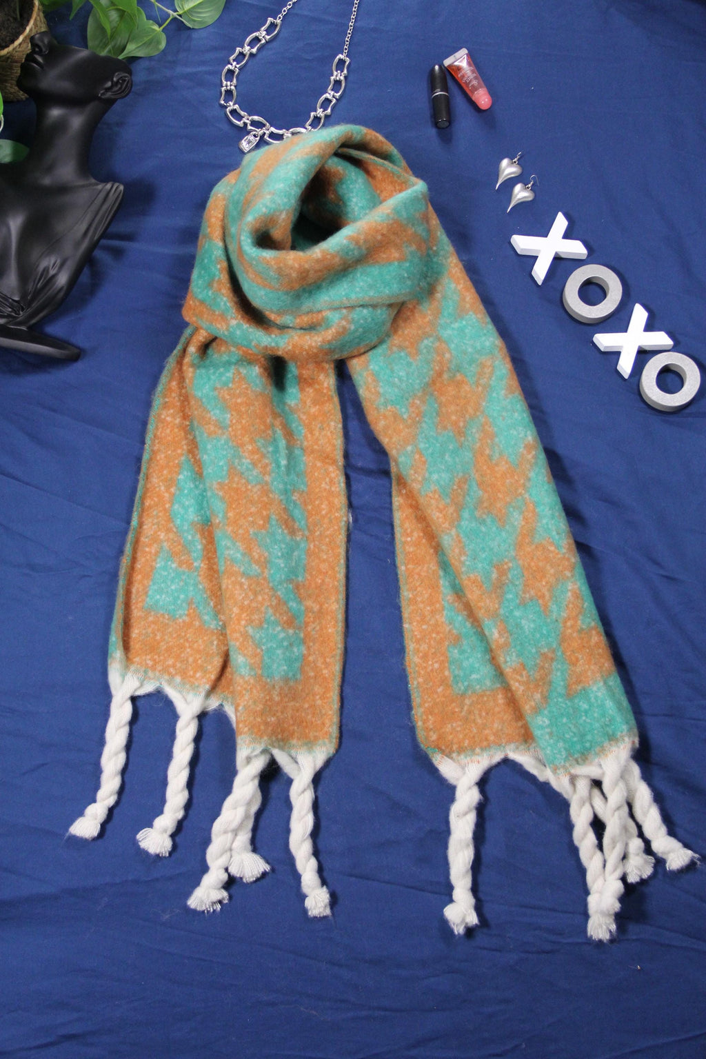 Large Green Orange Houndstooth Pattern Blanket Scarf