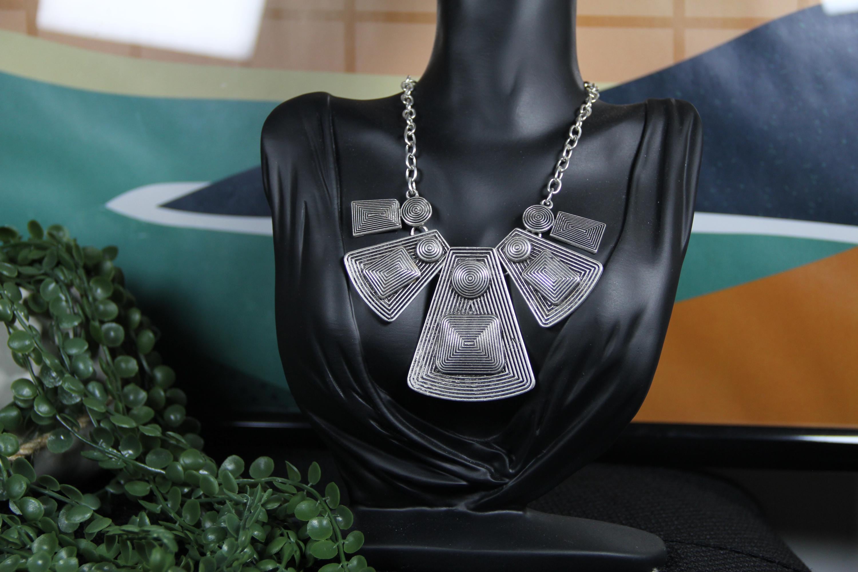 Silver Geometrical Engraved Pendant Necklace – Handmade Statement Jewelry for Women, Unique Gift Idea
