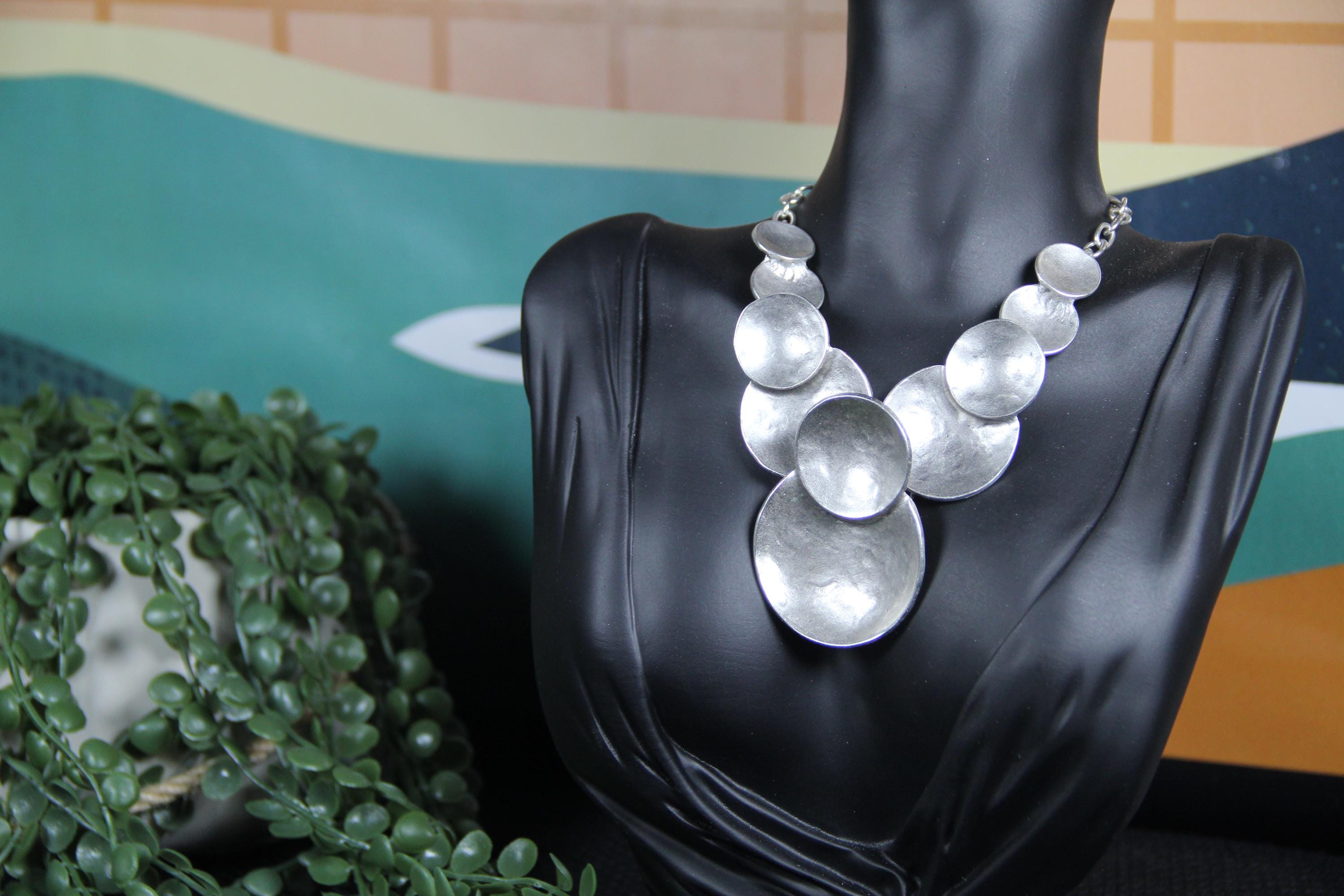 Handmade Silver Statement Necklace for Women – Bold Geometric Circle Pendant, Chic Chain Jewelry, Holiday Gift Idea